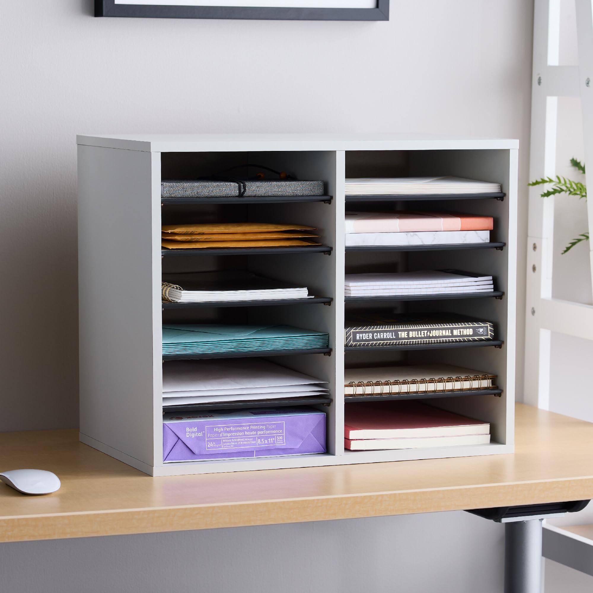 Safco 12-Compartment Literature Organizer - Adjustable Shelves Wood Paper & Mail Sorter for Office & Classroom - Gray - Perfect for Teacher Mailboxes, Document Storage & Office Organization