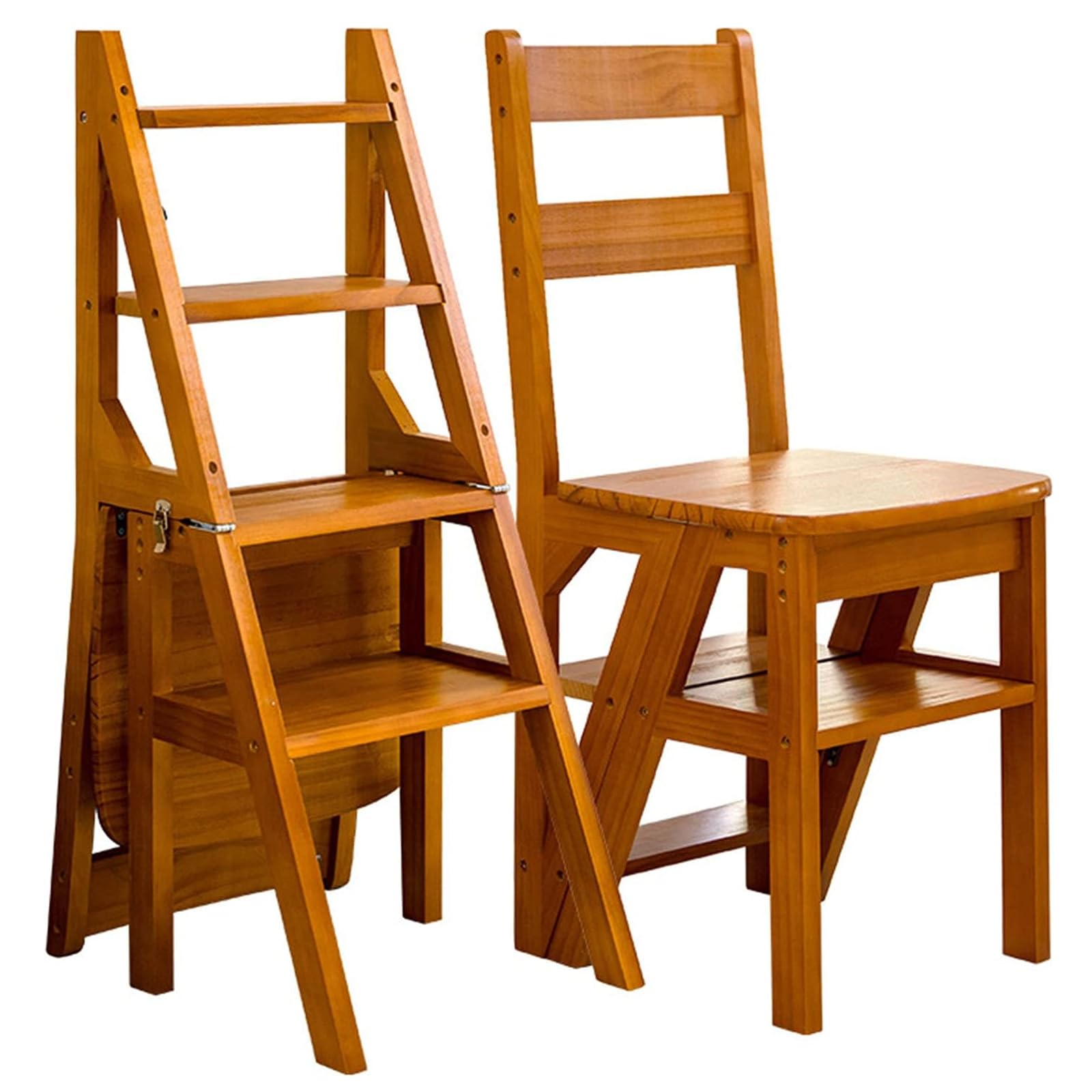 4 Tier Folding Step Ladder - 3-in-1 Wooden Folding Ladder Chair with 265 lbs Capacity - Portable Multi-Function Step Stool for Indoor & Outdoor Use - Perfect as Display Rack, Flower Stand, Kitchen Helper, Library Stool & Home Decor (Light Walnut)