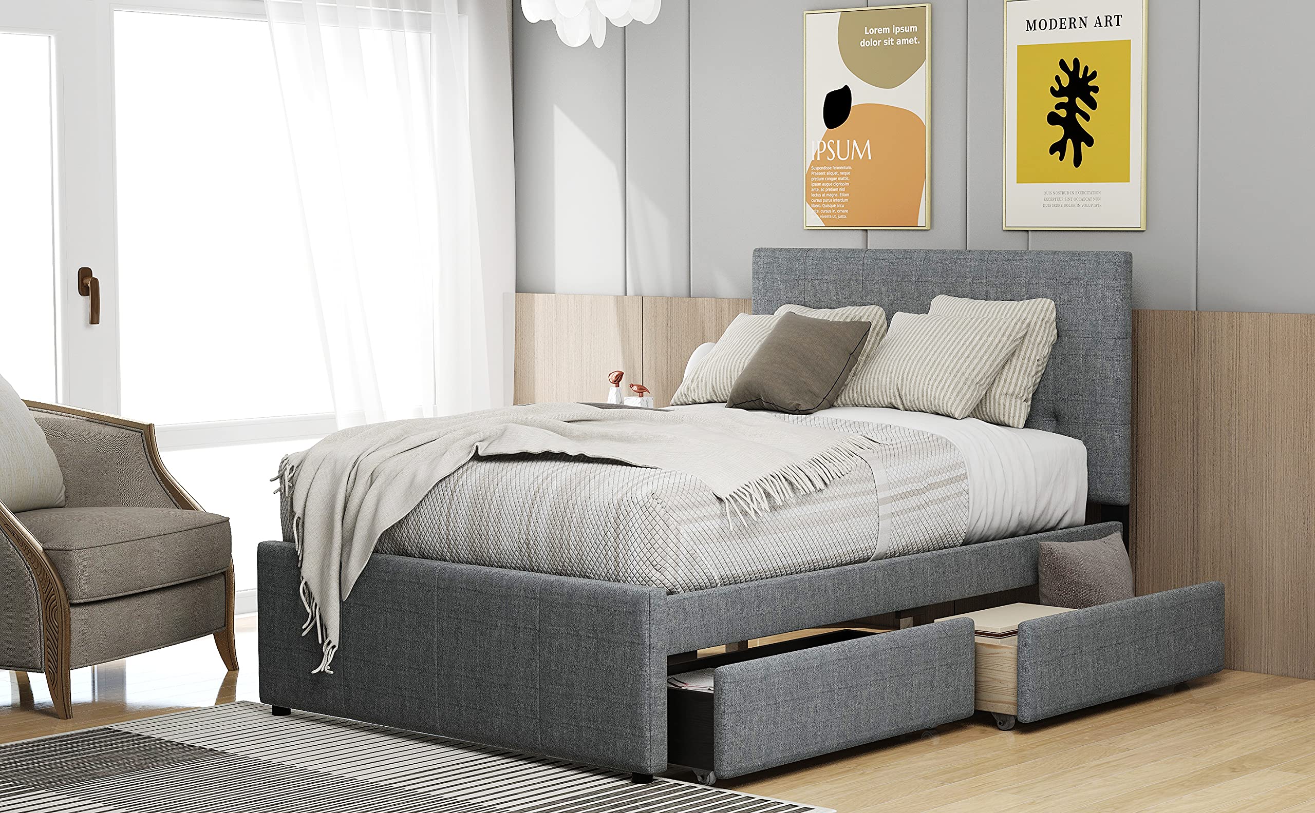 RUNNA Full Size Upholstered Platform Bed Frame with Headboard & 2 Storage Drawers - No Box Spring Needed Linen Daybed for Kids & Teens - Perfect for Small Bedrooms, Guest Rooms & Dormitories