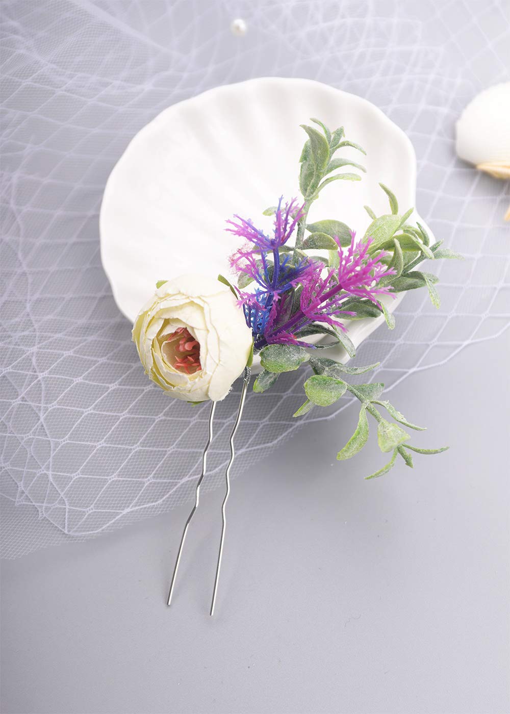 Bridal Flower Hair Pins - Eucalyptus Cream Bud Hairpiece for Weddings & Events