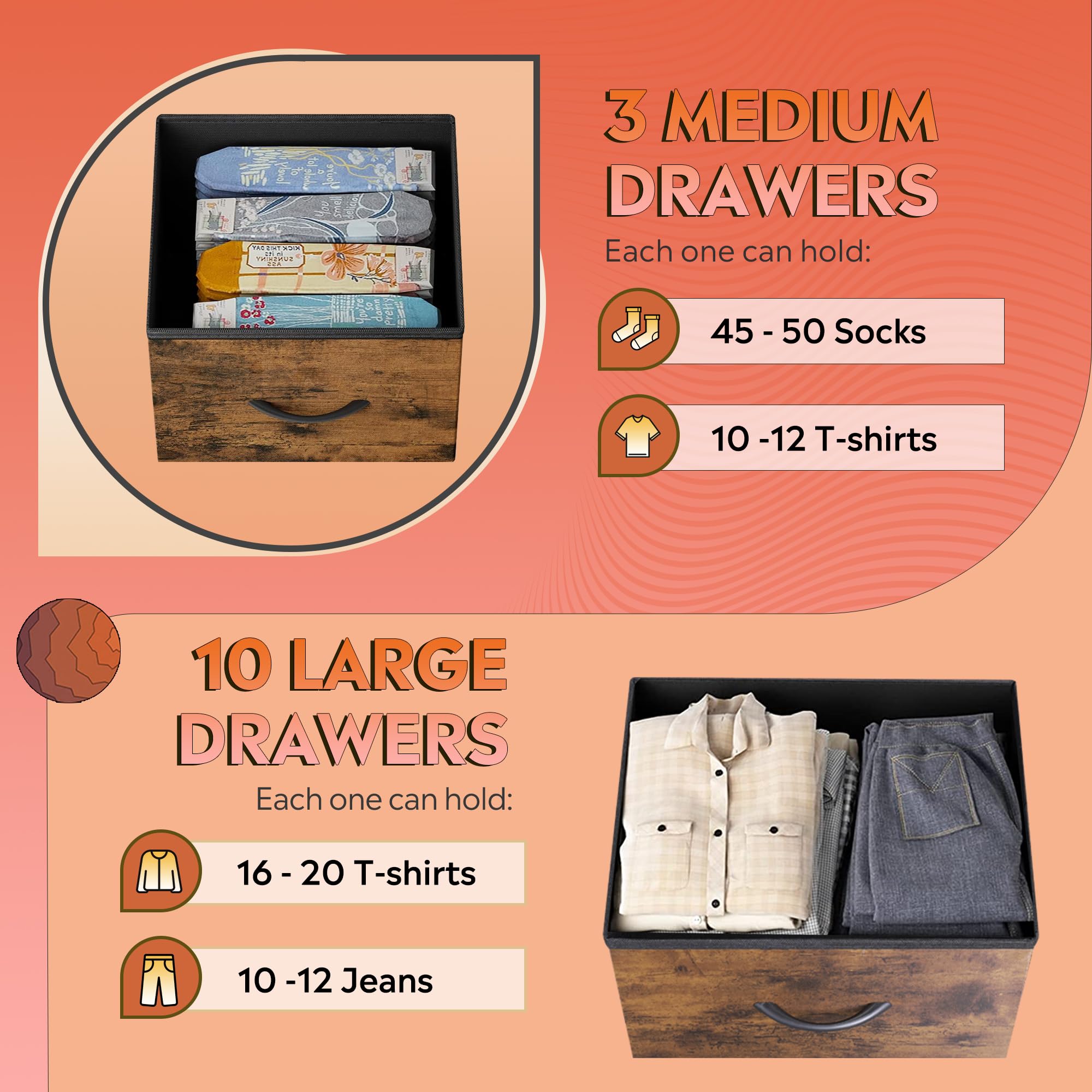 WLIVE 13-Drawer Tall Dresser for Bedroom - Fabric Storage Organizer with Steel Frame & Wood Top - Rustic Brown Wood Grain Print - Perfect for Bedroom, Closet & Home Organization