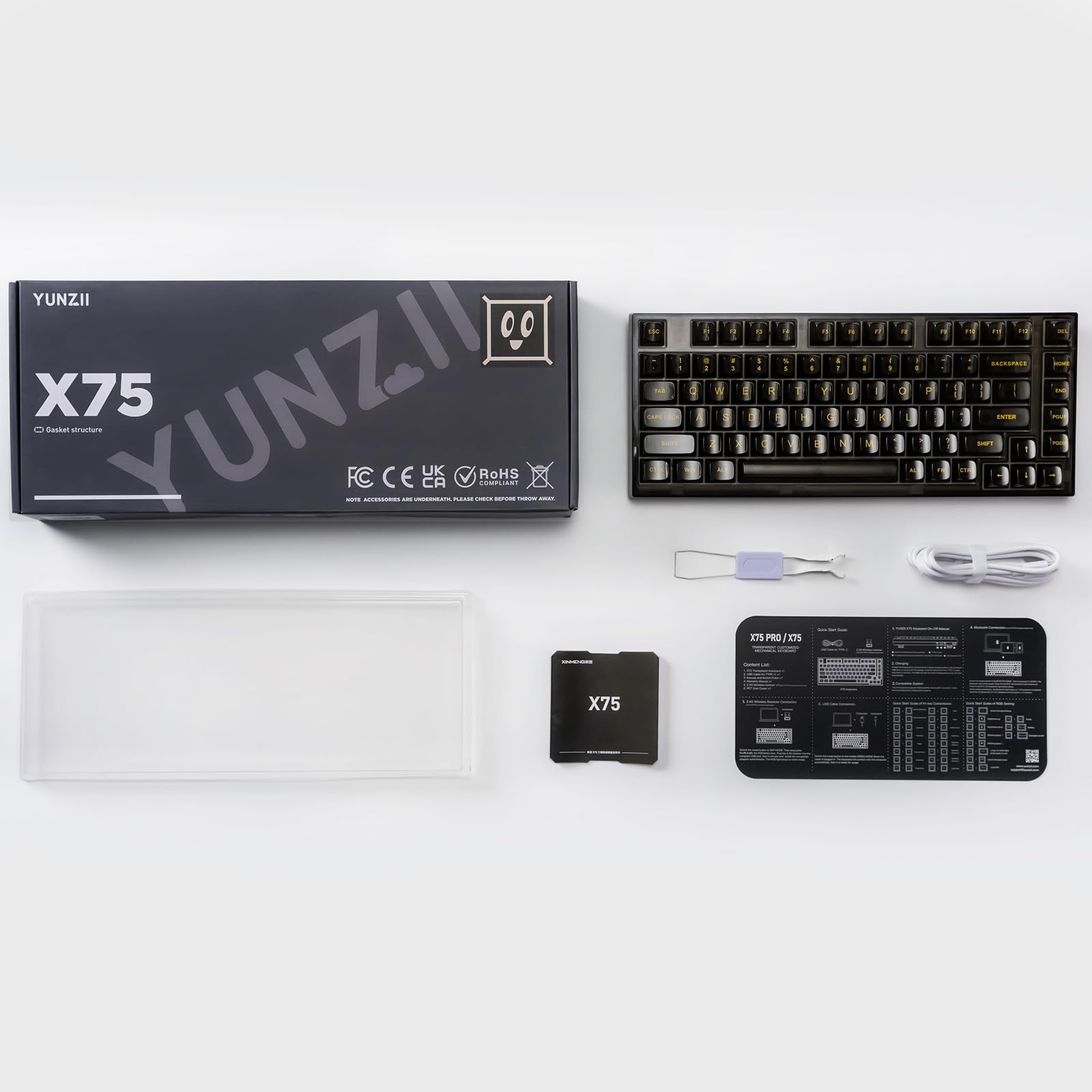 YUNZII X75 82-Key Hot Swappable Mechanical Keyboard with Transparent Keycaps | Gasket Mount 75% RGB Backlit Custom Gaming Keyboard for Windows & Mac (Crystal Ice Switch, Wired-Black) | Perfect for Typing, Gaming & Office Work