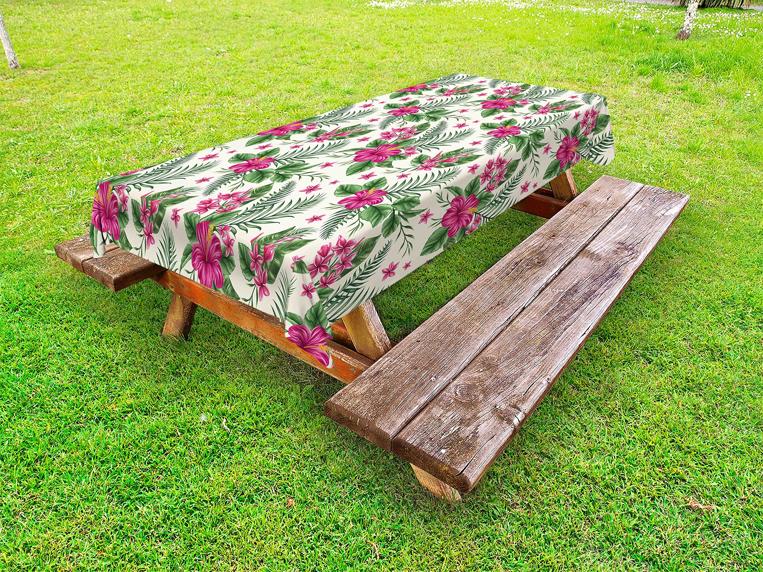 Ambesonne Watercolor Outdoor Tablecloth - Tropical Plumeria & Hibiscus Floral Design, Washable Picnic Table Cover 58x120 Inches, Magenta Cream Green - Perfect for Beach Parties, Luau Events & Backyard BBQs