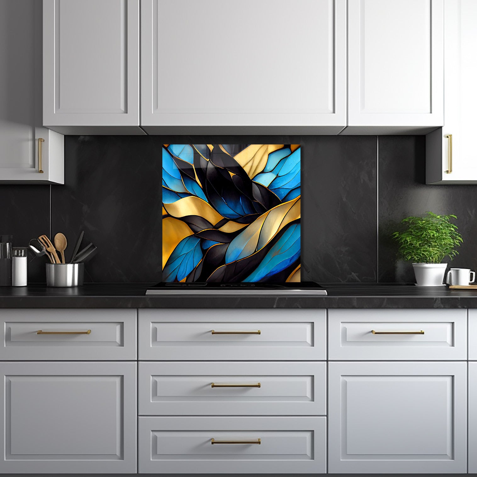 Blue Abstract Waves Glass Splashback - Modern Kitchen Backsplash for Stylish Home Decor | Perfect for Contemporary Kitchens & Bathrooms