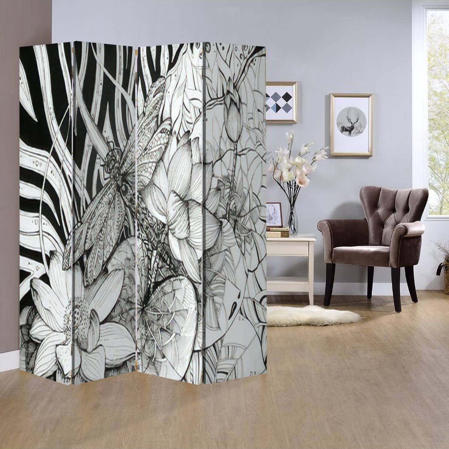 Elegant Wooden Room Divider with Lotus & Dragonfly Design - 4-Panel Folding Privacy Screen, Dual-Sided Canvas Partition for Home Decor, Office, Bedroom & Living Room Spaces