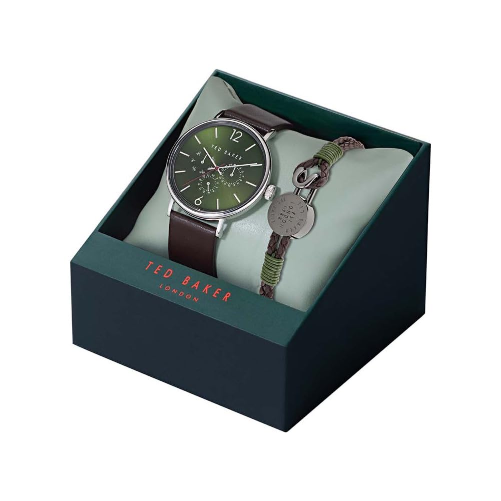 Ted Baker Men's Brown Leather Strap Watch & Leather Bracelet Gift Set (Model BKGFW23069I) - Perfect for Formal Events, Business Meetings & Anniversary Gifts