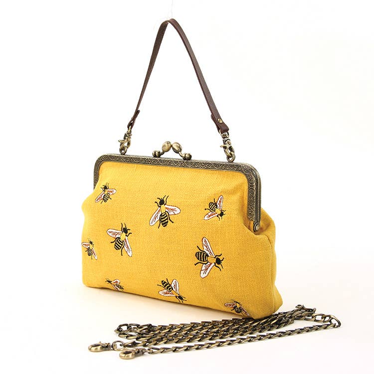 Bees Kisslock Handbag for Women - Vintage Style Black Leather Crossbody Purse with Gold Hardware | Perfect for Date Night, Office & Evening Events