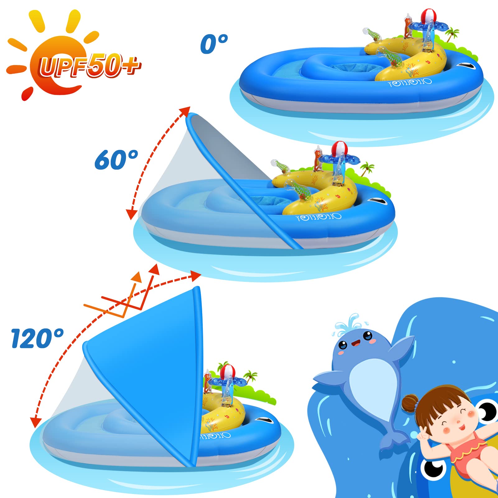 **UPF50+ Baby Pool Float with Canopy & Adjustable Safety Seat – Inflatable Infant Swimming Ring for 6-24 Months, Bath Floatie & Pool Toy with Play Console – Perfect for Backyard Pools, Beach Trips & Bathtime Fun**