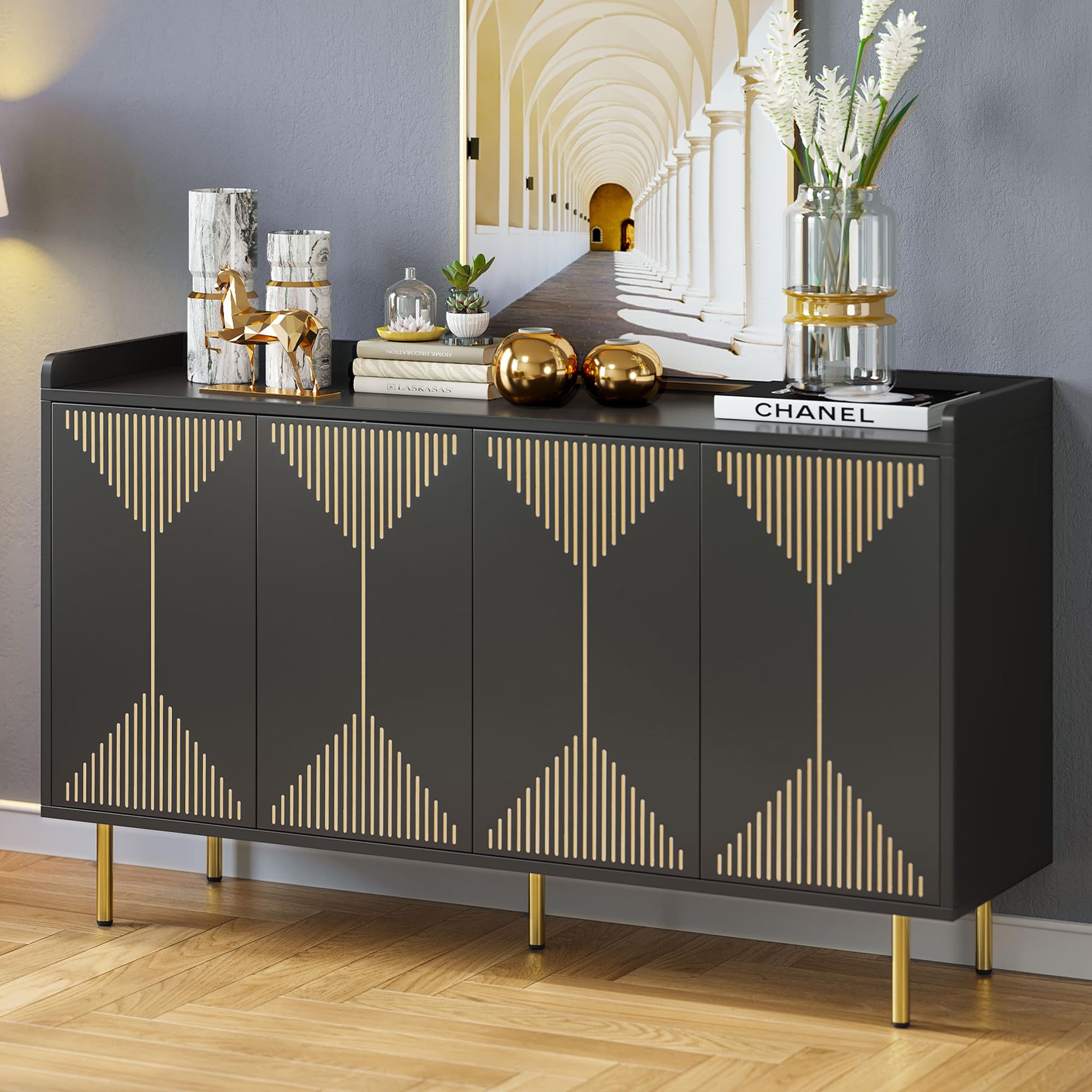 YITAHOME 55 Inch Modern Sideboard Cabinet - Wood Buffet Table with Storage, Carved Design & Rebound Door - Perfect for Kitchen, Dining Room, or Living Room Storage & Display