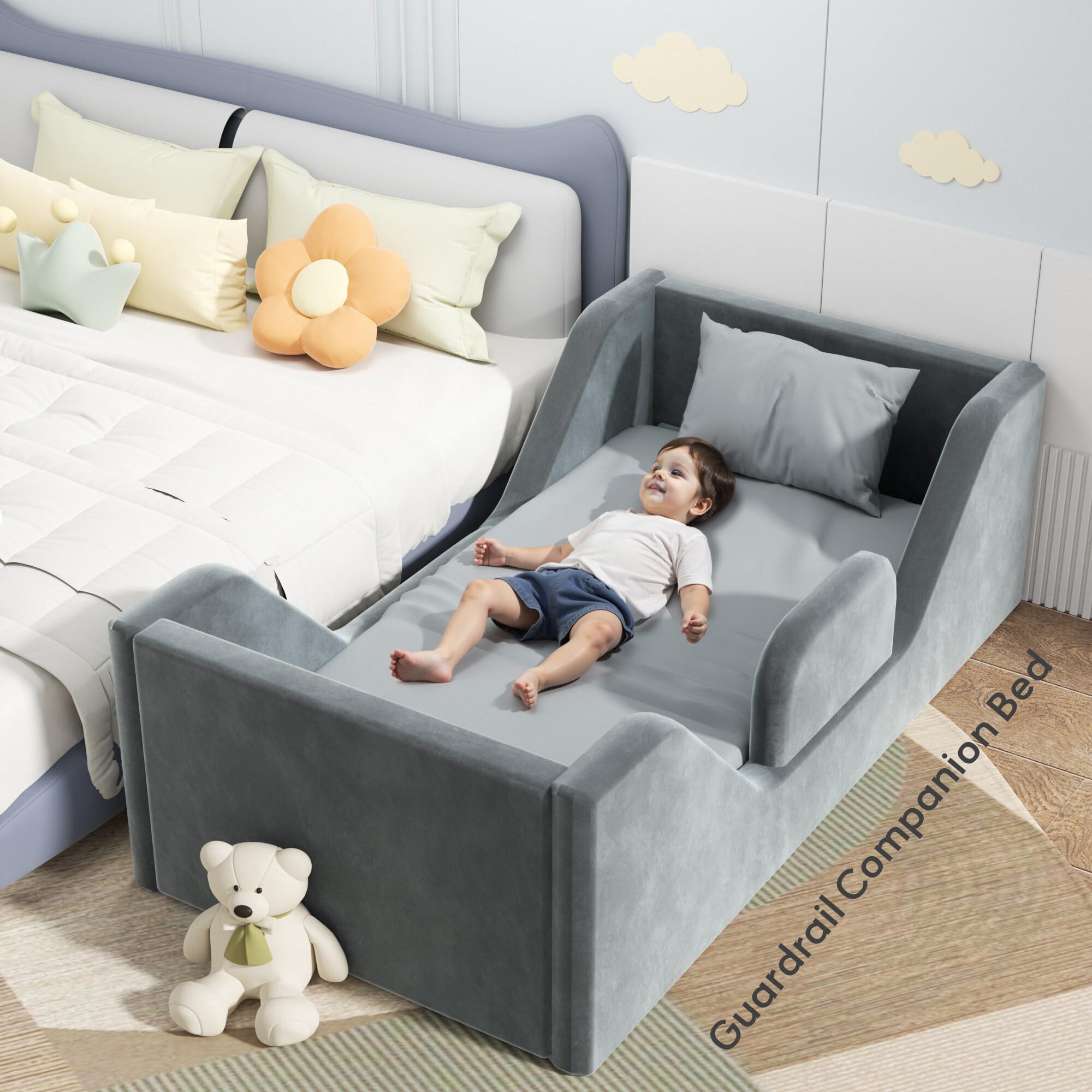 Toddler Floor Bed Frame with Guard Rails - Safe & Sturdy Small Bed for Kids Boys & Girls (Ages 2-6) | Certified Fabric Toddler Bed in Grey | Perfect for Montessori Bedrooms, Daycare Centers & Cozy Kids' Rooms