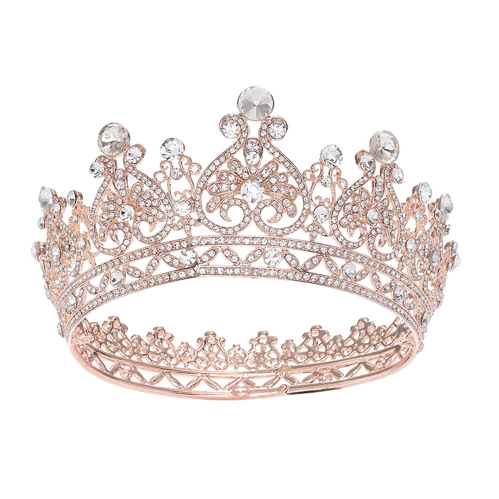 Rose Gold Crystal Crown for Women - Full Round Queen Tiara Headpiece for Pageant, Wedding, Bridal & Costume Parties | Elegant Party Accessory for Prom, Birthday & Special Events