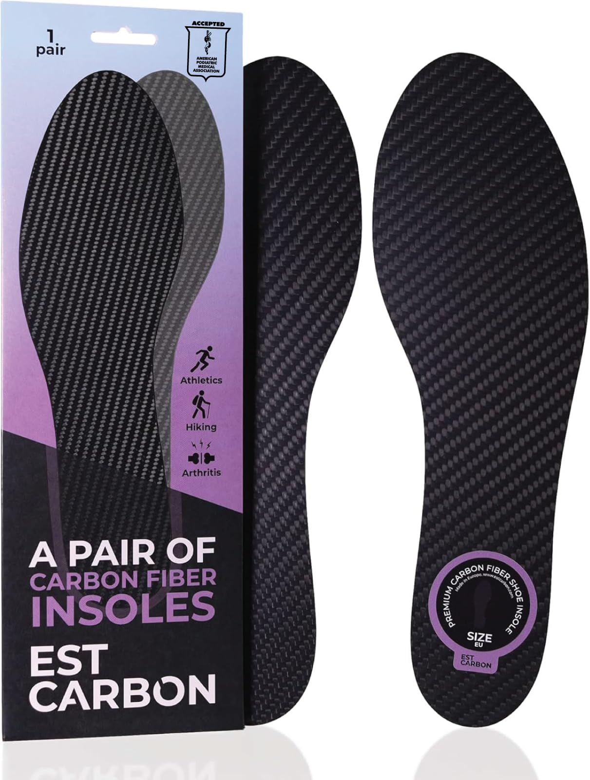 Premium 2-Pair Carbon Fiber Shoe Insoles for Men & Women - Lightweight Arch Support Inserts for Basketball, Volleyball, Hiking & Running - Fits All Sneakers & Athletic Shoes (Women's 9.5/Men's 9) - Boost Performance & Comfort for Sports & Daily Wear