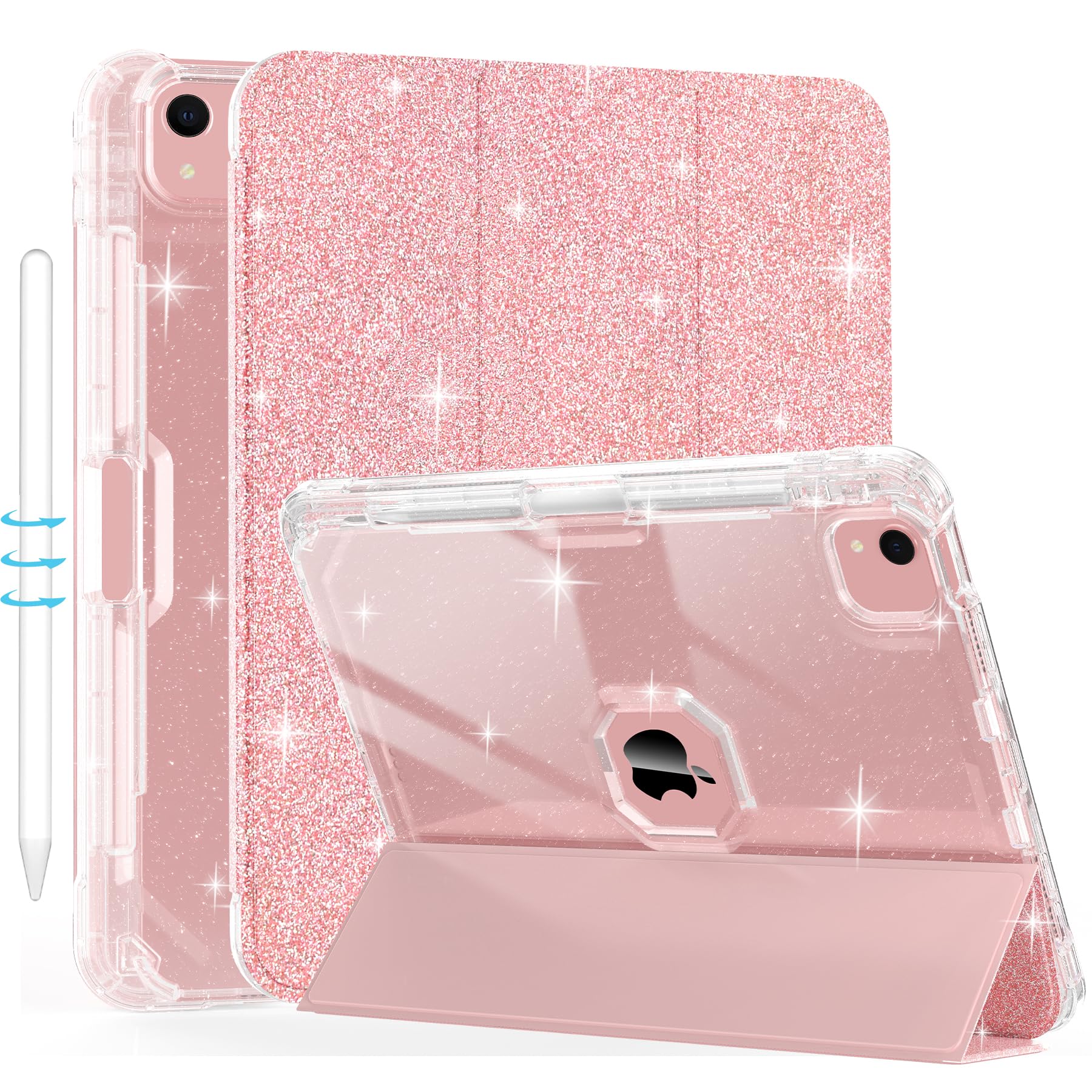 Premium iPad Air 11 Inch Case 2024 & iPad Air 5th/4th Gen 10.9 Inch Case (2022/2020) - Sparkly Glitter Trifold Stand Leather Cover with Pencil Holder, Auto Wake/Sleep & Clear TPU Back (Rose Gold) - Perfect for Work, School & Travel Protection