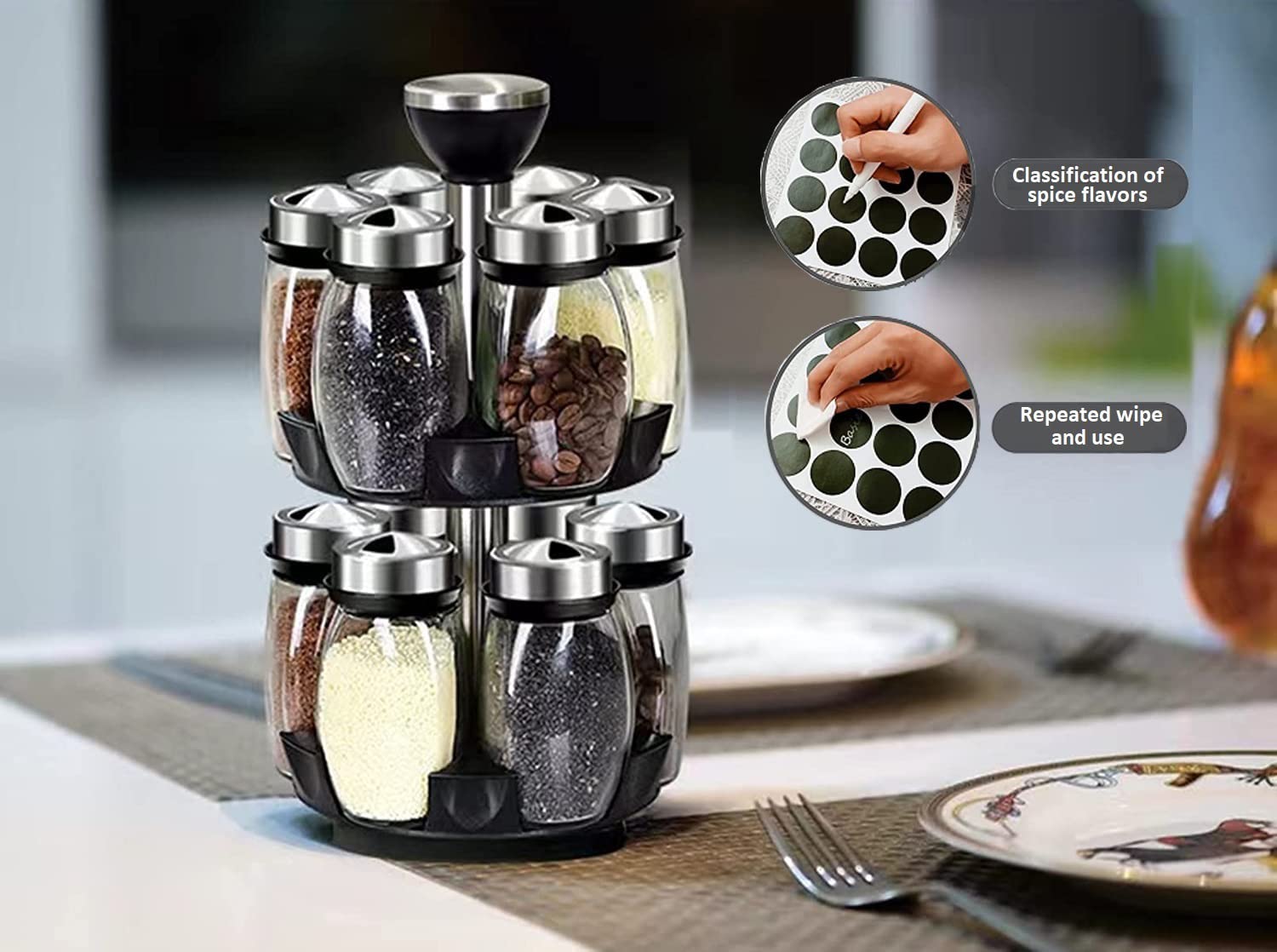 12-Jar Rotating Spice Rack Organizer with Empty Glass Jars - Countertop Spinning Spice Storage Tower for Kitchen, Pantry & Cooking - Perfect Seasoning Bottle Holder for Easy Access While Cooking