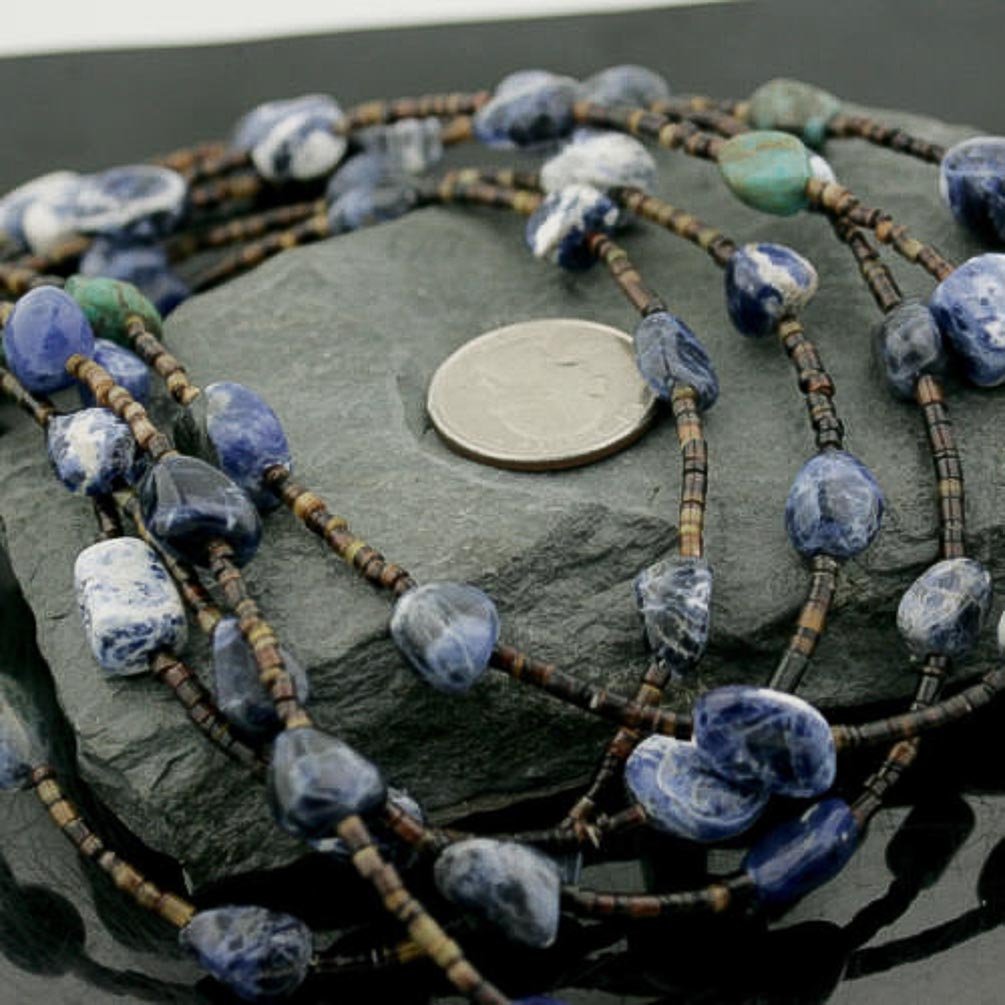 Authentic Navajo Turquoise Lapis Native Necklace - 5 Strand Sterling Silver Jewelry - Handmade by Loma Siiva - Perfect for Boho Fashion, Gift Giving & Special Occasions