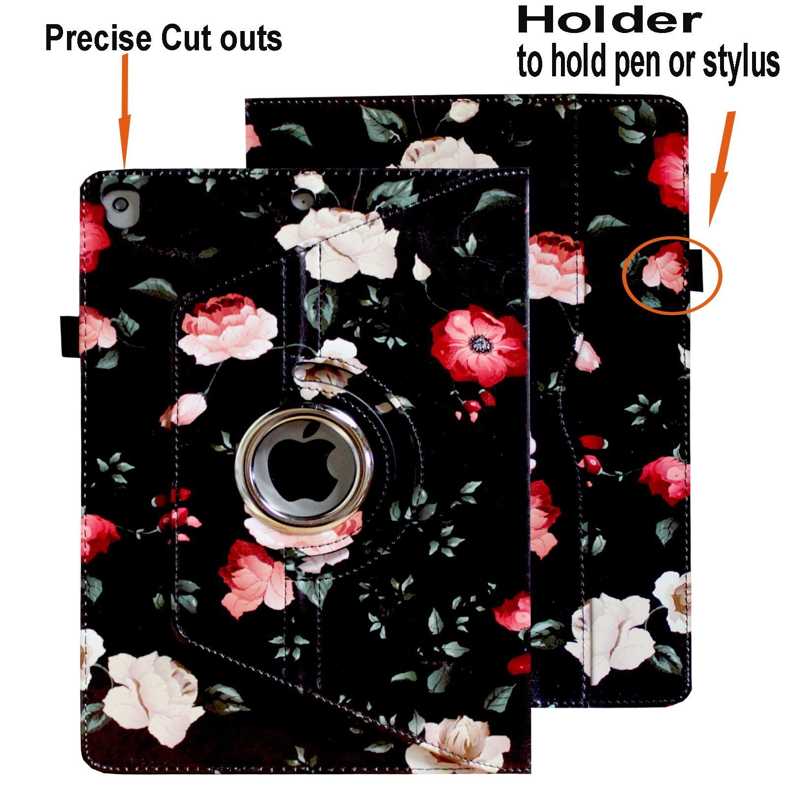 Premium 360° Rotating Case for iPad 9.7 (2018/2017) & iPad Air 1/2 - Multi-Angle Stand with Auto Wake/Sleep, Storage Pocket & Pencil Holder (Black Floral) - Perfect for Work, Study & Entertainment