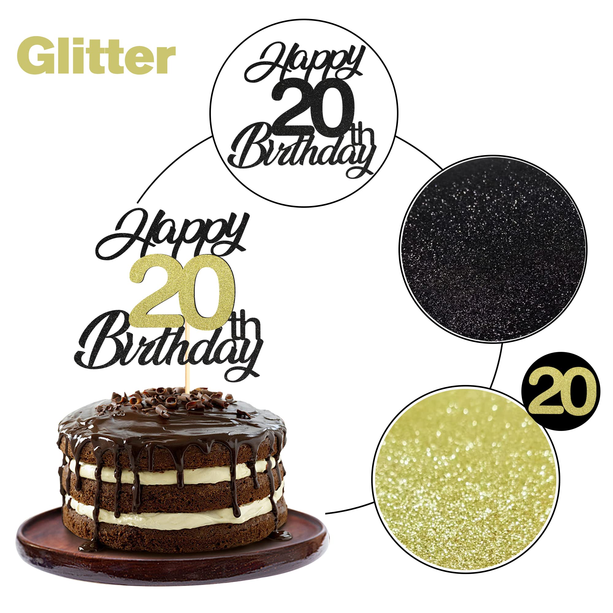 Happy 20th Birthday Cake Toppers - Black & Gold Glitter 20th Birthday Decorations for Women, Men - Elegant 20 Cake Topper for Birthday Parties, Anniversaries & Celebrations - Perfect for Milestone Birthdays, Graduations & Special Occasions