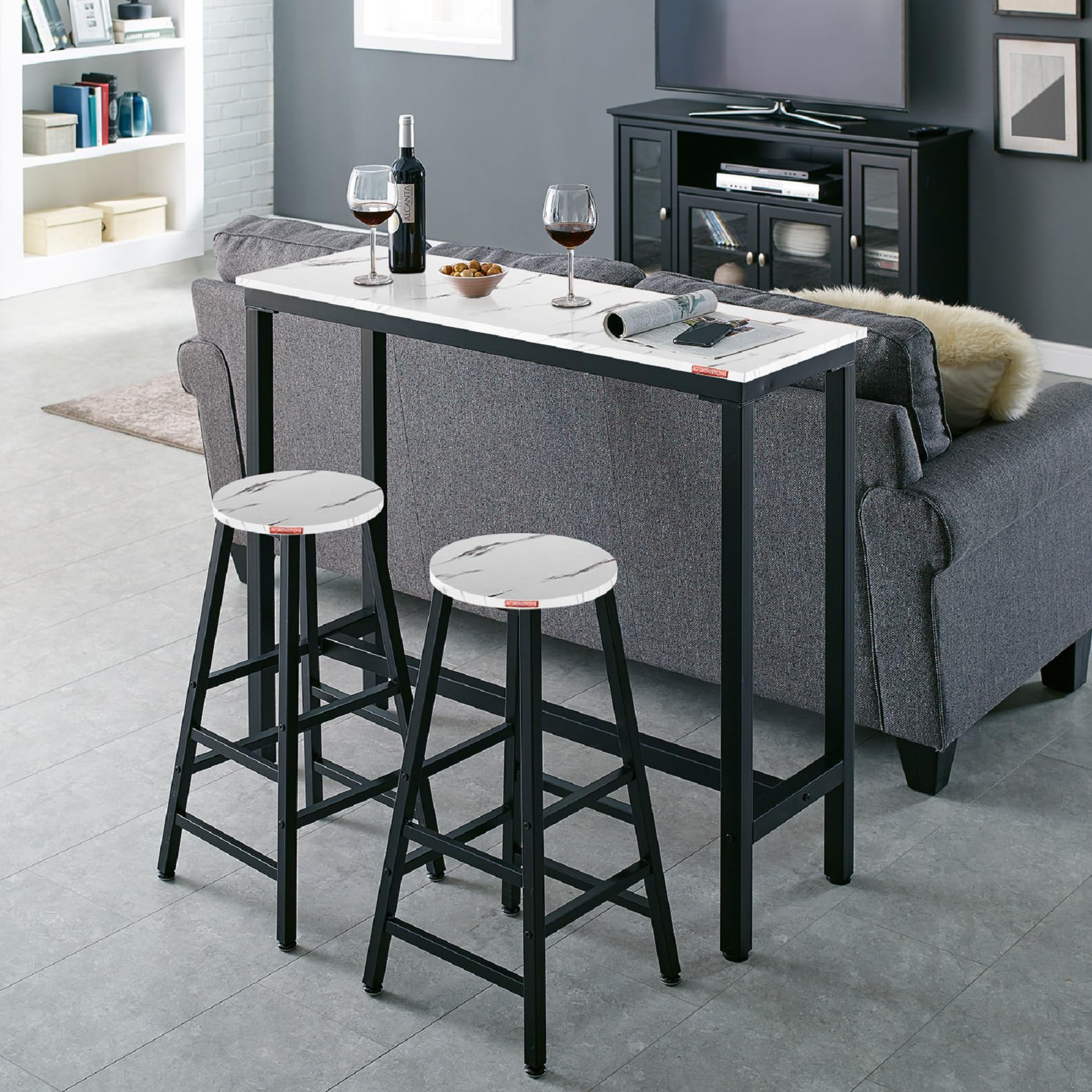 Ironstone 47-Inch White Pub Table - MDF Laminate Marble Top Bar Height Dining Table for Kitchen, Coffee, Writing & Computer Use - Perfect for Small Spaces, Apartments & Indoor Dining Areas