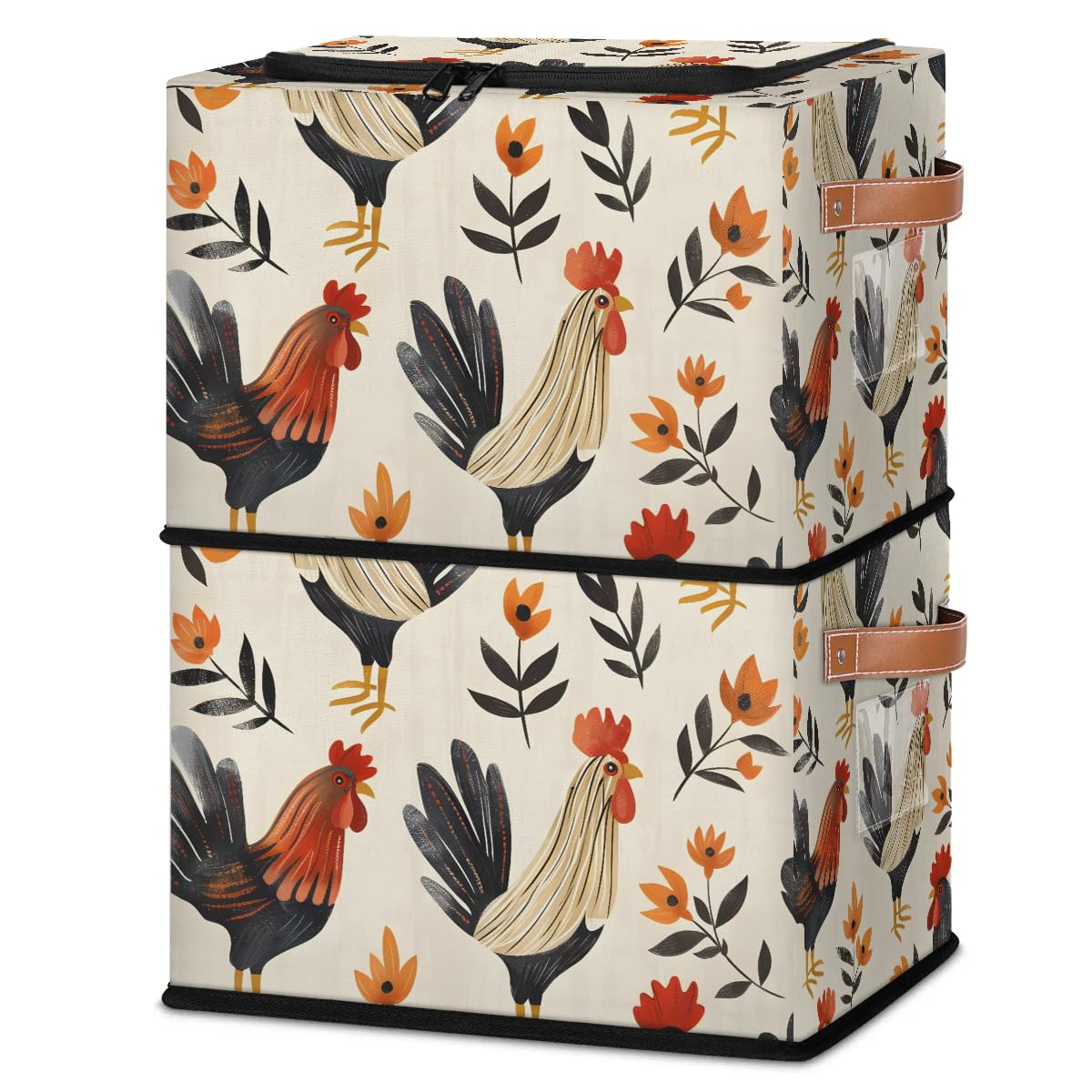 2-Pack Stackable Flower Print Chicken Storage Bins with Zipper Lid & Metal Frame - PU Handled Closet Organizer Cubes for Clothes, Toys & Home Organization | Perfect for Bedroom, Nursery & Dorm Storage Solutions