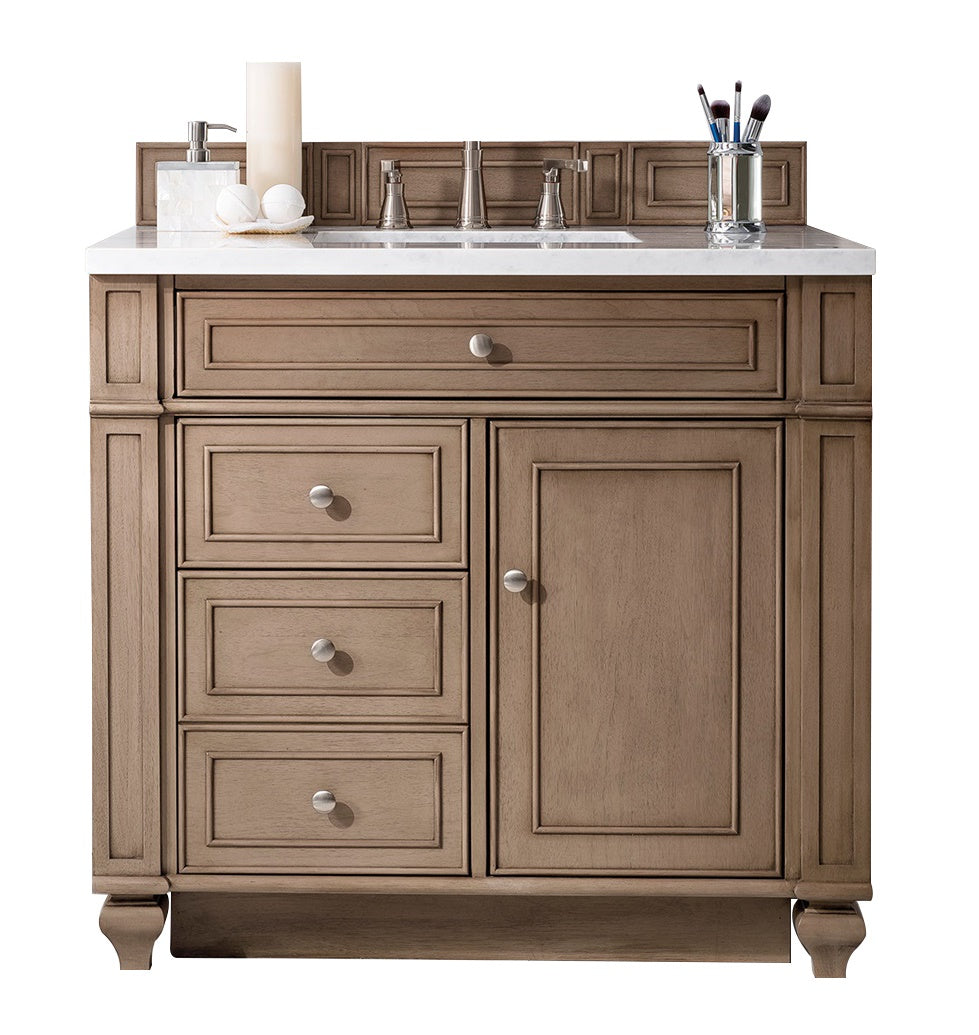 Bristol 36 Inch Single Bathroom Vanity in Whitewashed Walnut with 3CM Arctic Fall Solid Surface Top - Perfect for Modern Farmhouse & Coastal Style Bathrooms