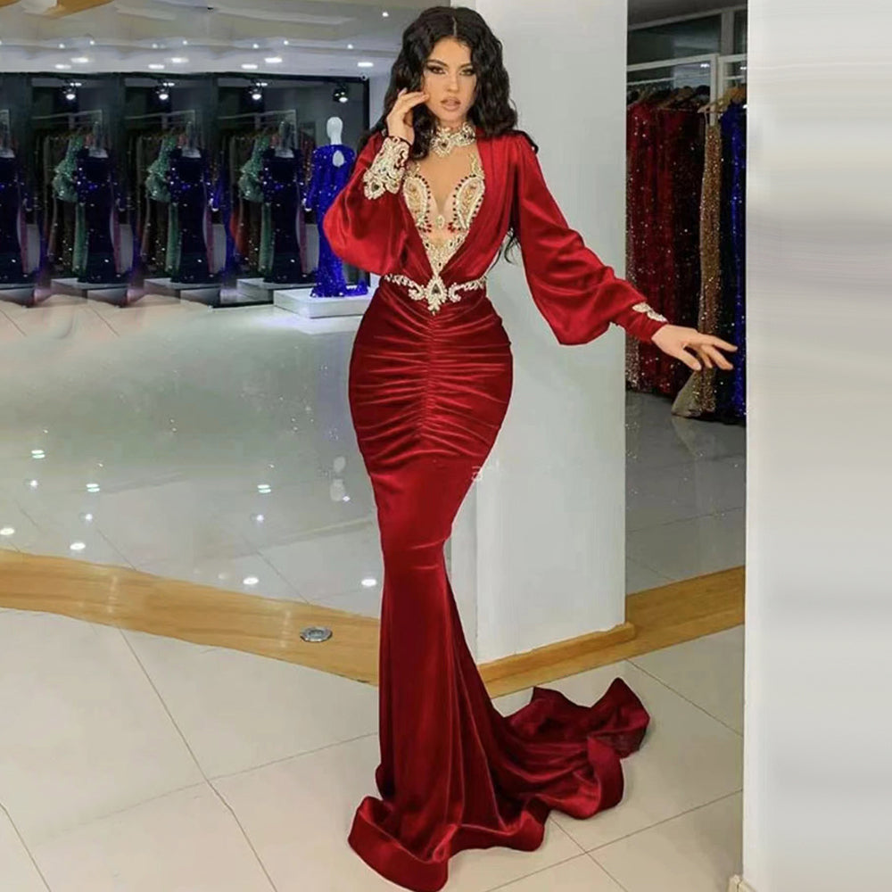 Serene Hill Red Satin Mermaid Evening Dresses 2025 - Elegant Beaded Prom Gowns for Women, Perfect for Parties, Galas & Formal Events - LA71555