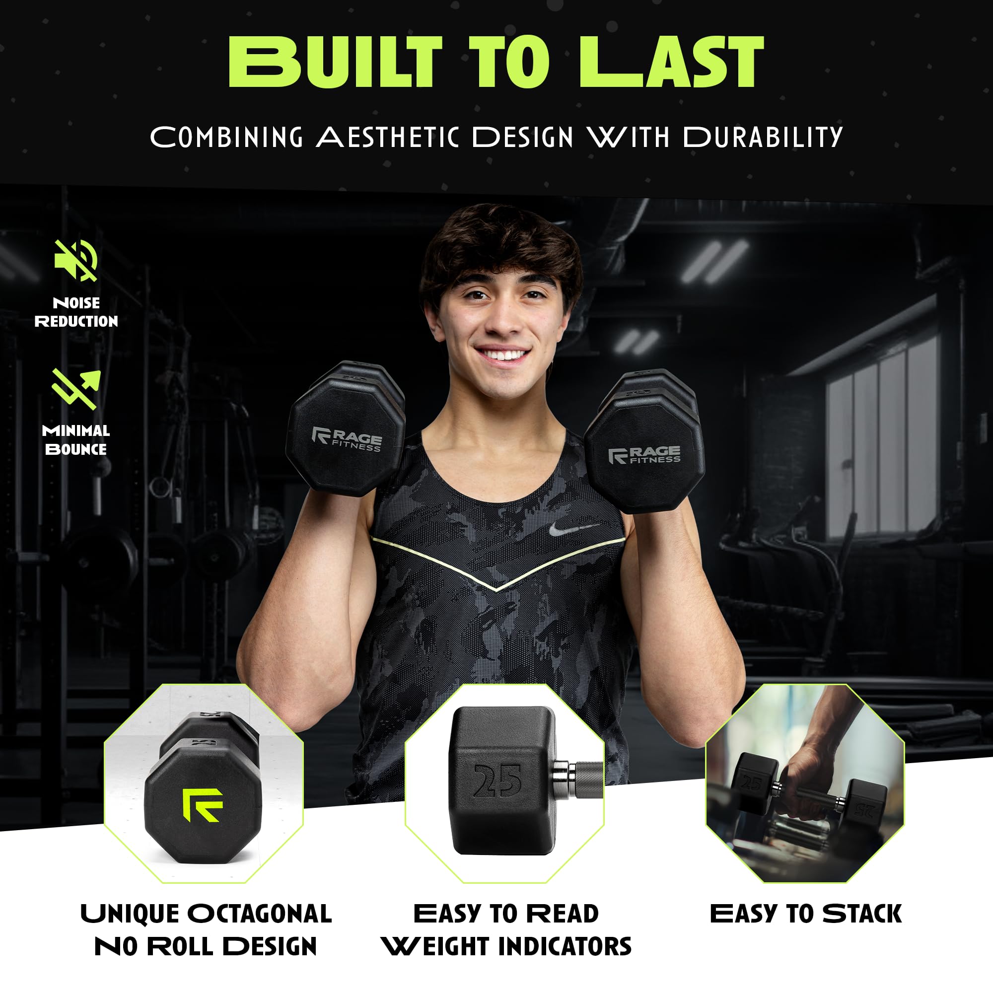 No-Roll Rubber Coated Dumbbells with Knurled Steel Handle - 10-60lbs Home Gym Weights for Strength Training - Perfect for CrossFit, HIIT & Home Workouts (Sold Individually)