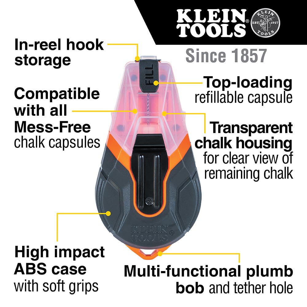 Klein Tools CHLK100 100-Foot Manual Chalk Line with Nylon Thread & Built-in Plumb Bob - Professional Chalk Line Tool for Precise Marking on Concrete, Wood, Drywall - Perfect for Construction, Carpentry, DIY Home Projects