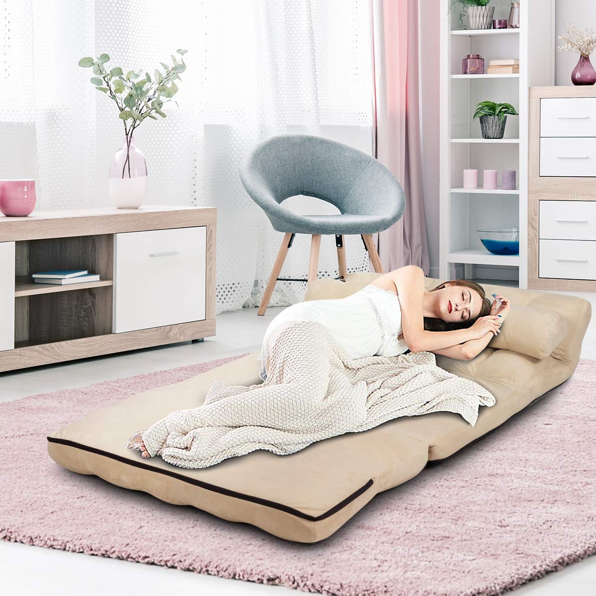 S AFSTAR 6-Position Adjustable Folding Sofa Bed with 2 Pillows - Convertible Futon Couch for Living Room, Bedroom & Small Spaces - Comfortable Sponge Filling Sleeper Sofa (Beige) | Perfect for Apartments, Guest Rooms & Home Offices