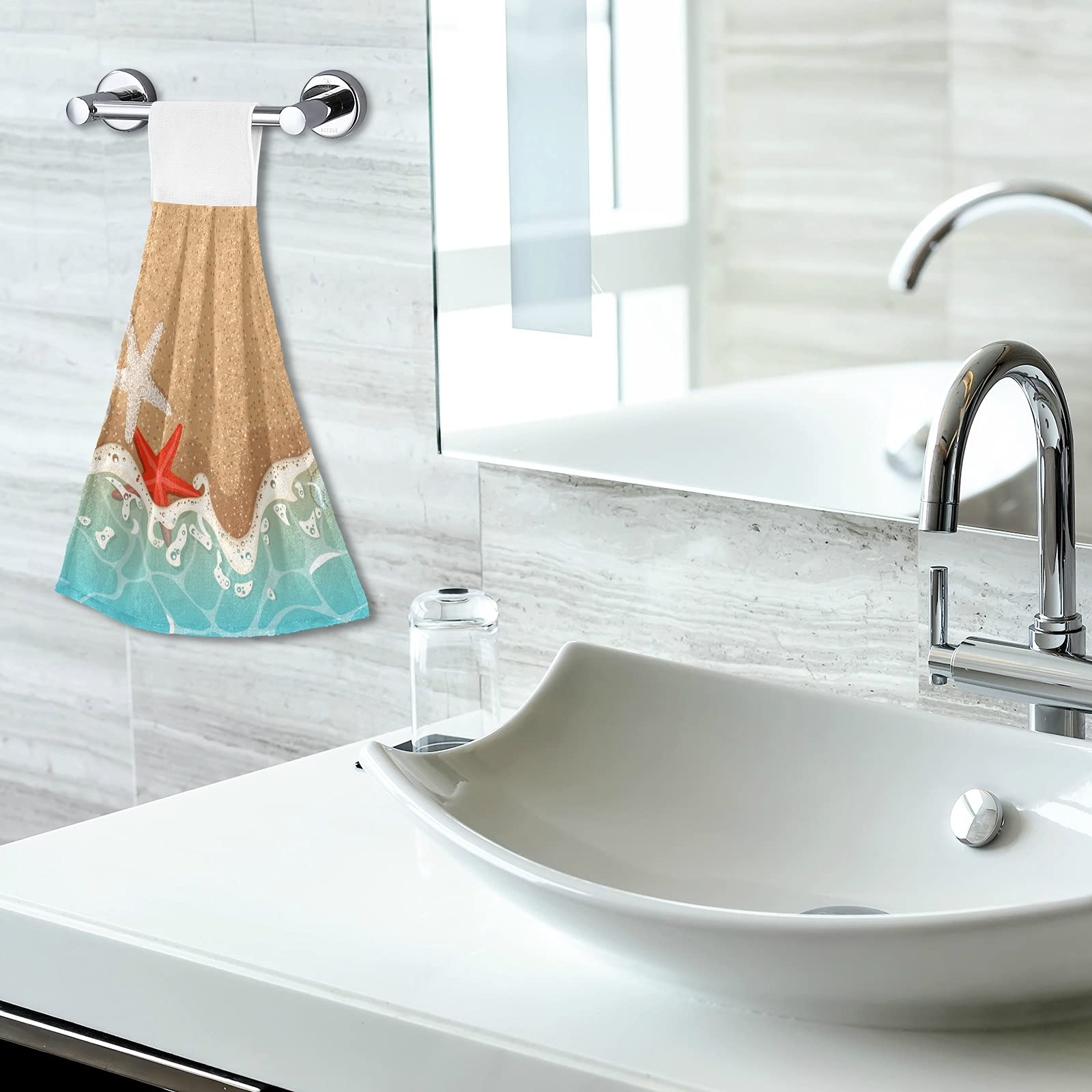 2-Pack Fast-Drying Absorbent Soft Kitchen Hand Towels - Sandy Beach Sea Wave Starfish Shells Design for Home Kitchen & Bathroom Decor | Perfect for Drying Dishes, Cleaning Countertops, and Adding Coastal Style