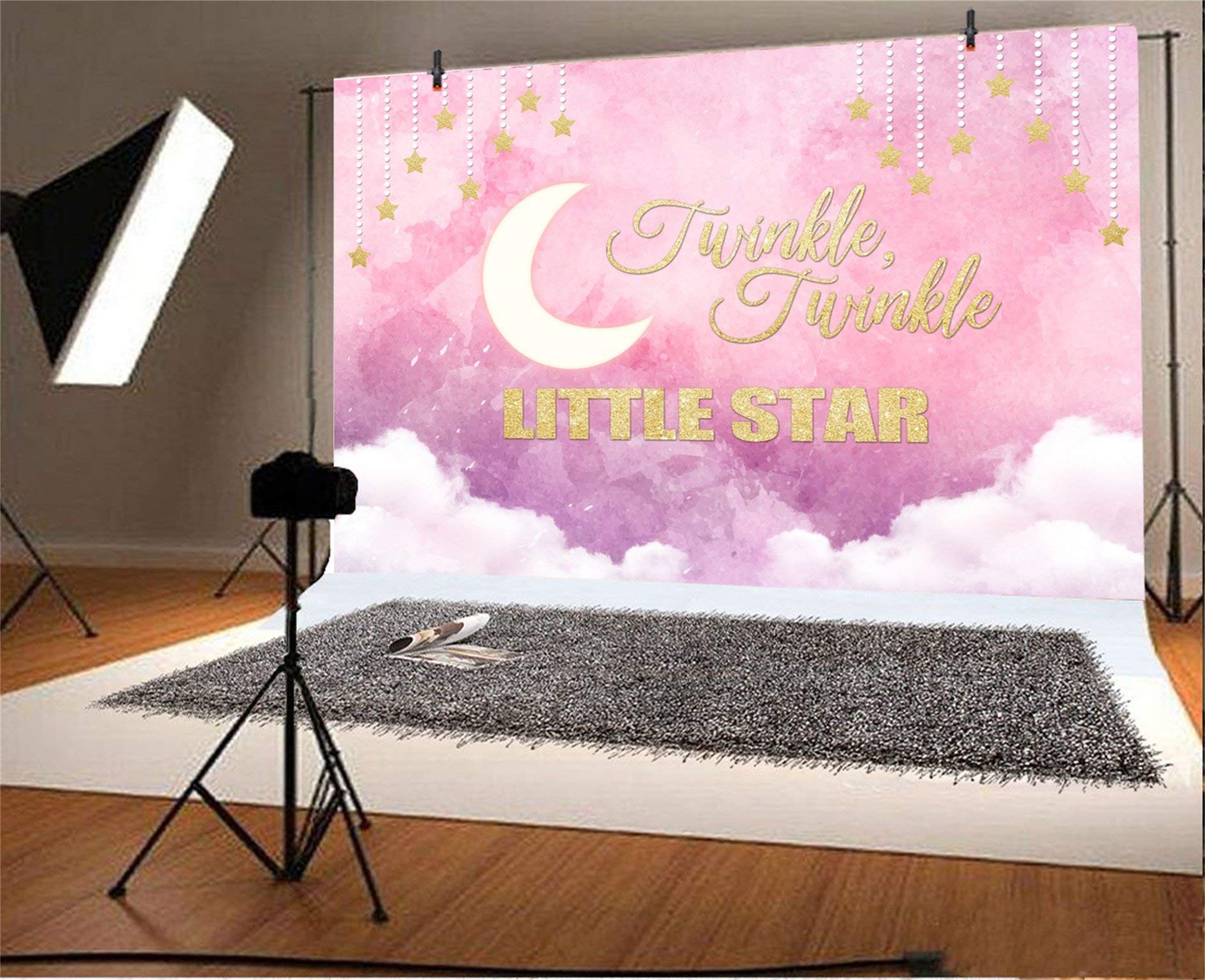 Twinkle Twinkle Little Star Baby Shower Backdrop - 8x6ft Pink Moon & Clouds Photography Background for Birthday Party, Cake Table Decor, Baby Girl Photo Studio Props (Vinyl) | Perfect for Newborn Photos, First Birthday & Nursery Decorations