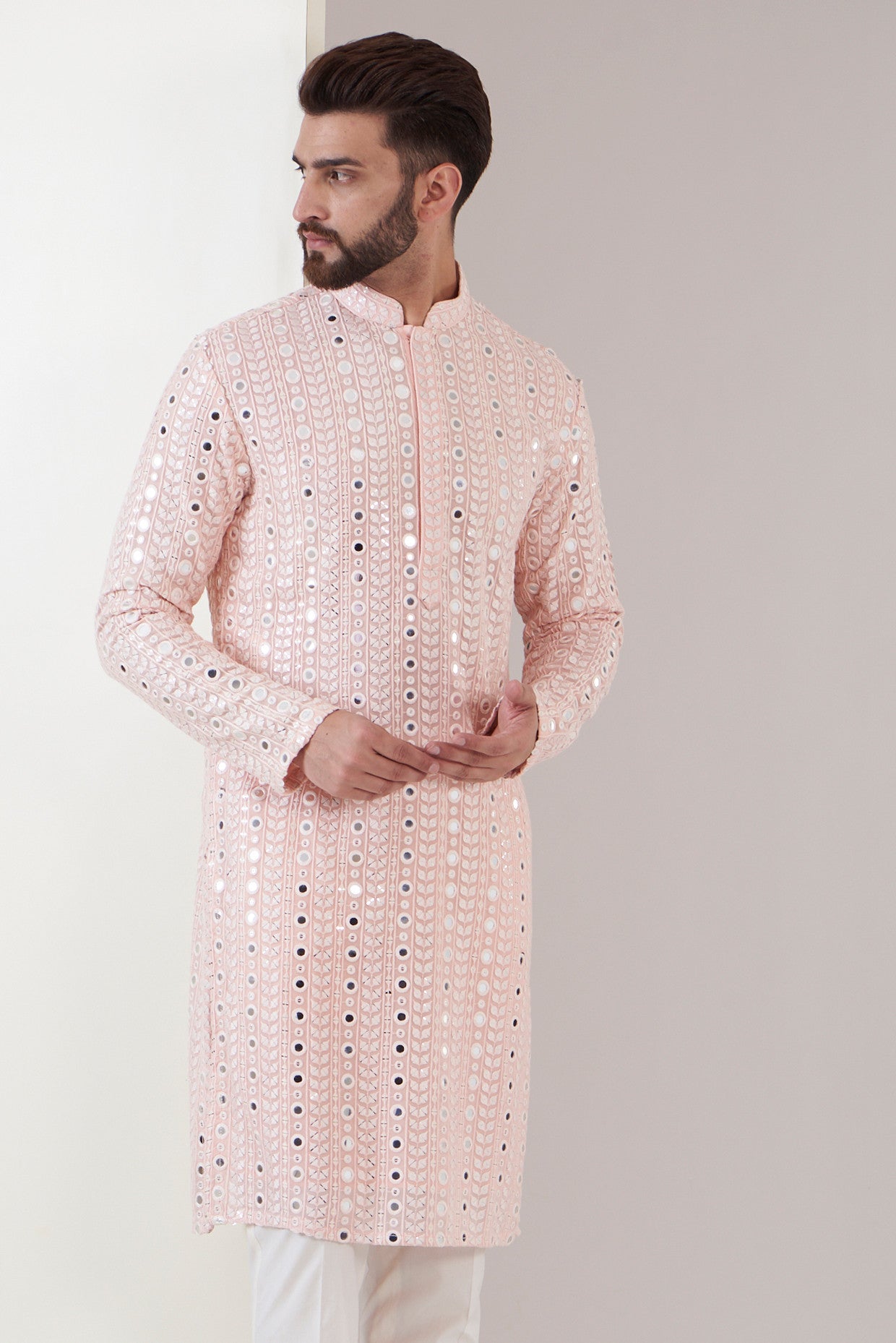 Elegant Powder Pink Mirror Work Kurta for Women | Traditional Embroidered Indian Tunic Top | Perfect for Festivals, Weddings & Casual Wear