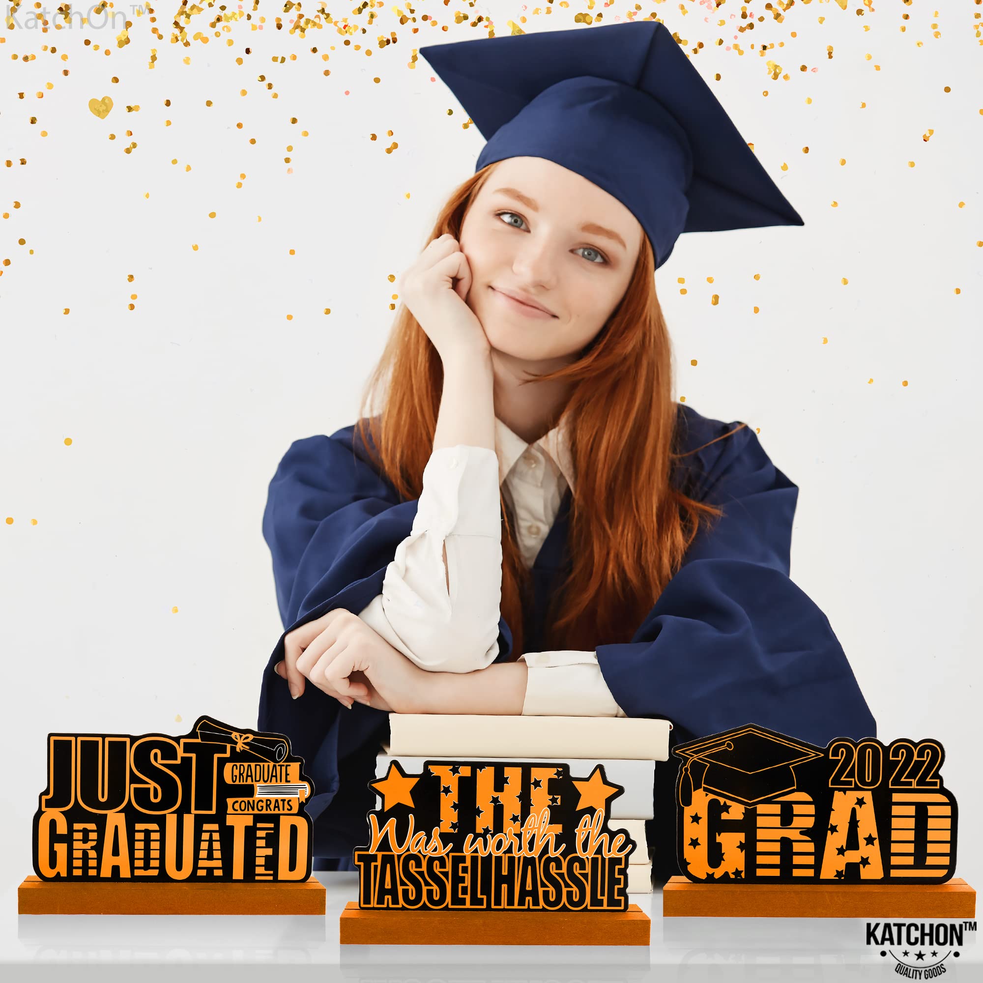 3-Piece Graduation Table Centerpieces Set 2022 - Wooden Graduation Decorations for Party, Black & Orange Graduation Theme Table Decor | Perfect for High School & College Graduation Ceremonies, Graduation Parties & Banquet Decorations