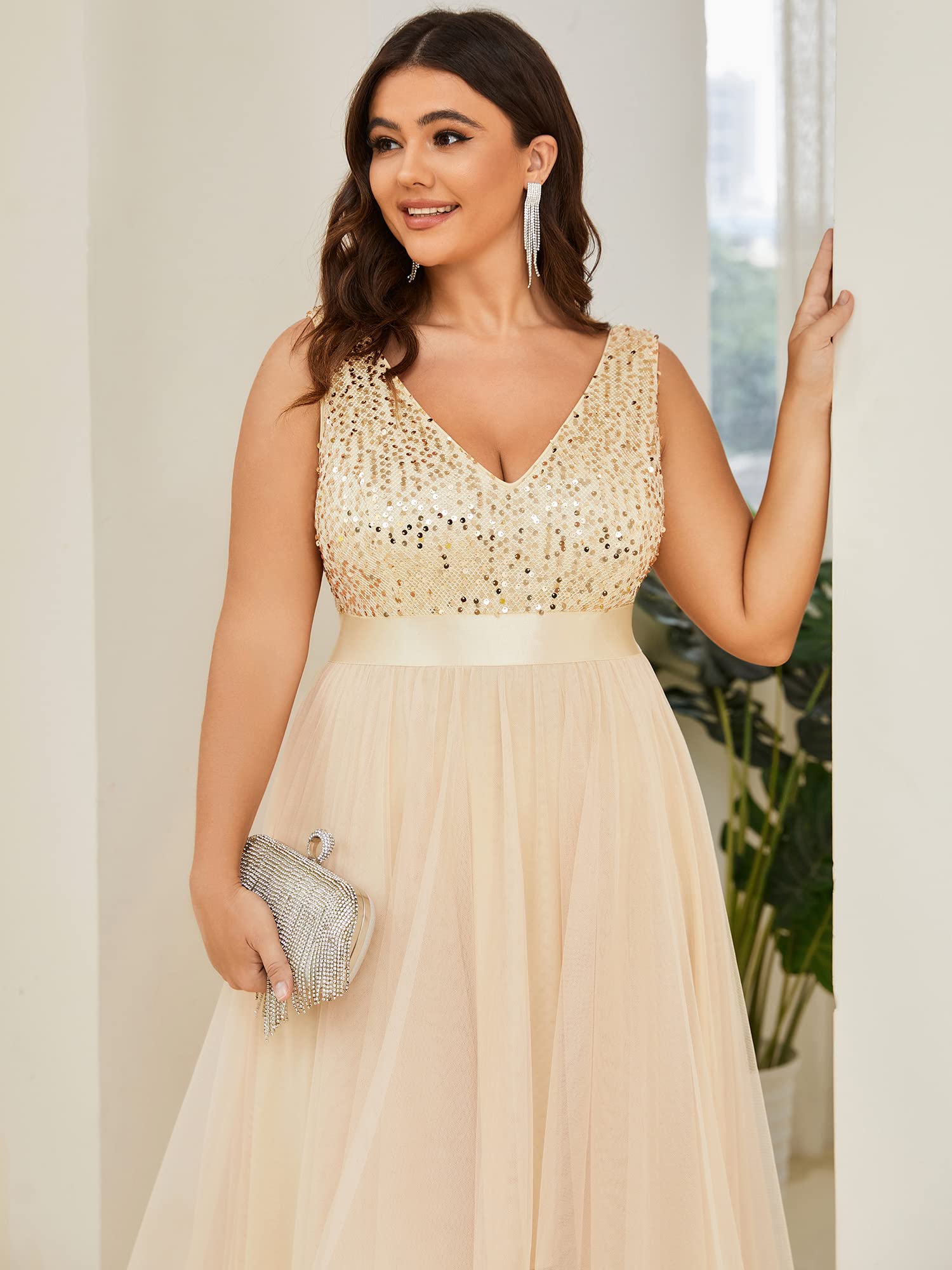Ever-Pretty Women's Double V-Neck A-Line High-Low Sequin Tulle Plus Size Formal Dress for Curvy Women 0147A-DA | Elegant Evening Gown for Prom, Wedding Guest, Cocktail Party & Special Occasions