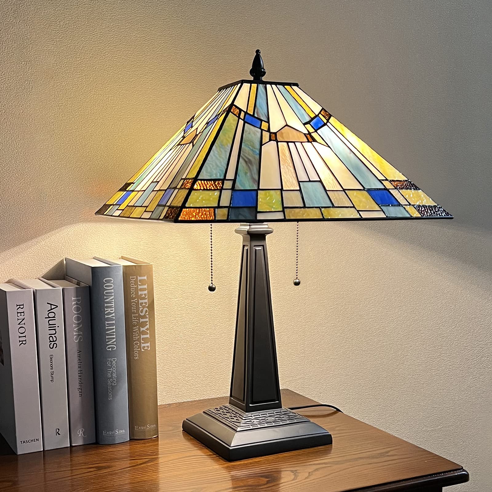 Tiffany Style Table Lamp - 16 Inch Rustic Mission Stained Glass Desk Lamp with 2 Lights in Green & Blue, Perfect for Bedroom, Living Room, and Home Office | Elegant Reading & Ambient Lighting