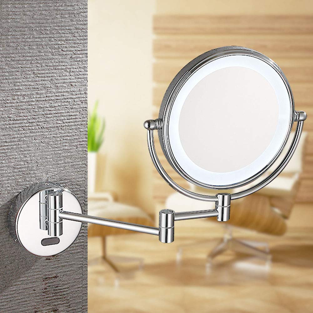 8 Inch Wall Mounted Makeup Mirror with LED Lights - 360° Swivel & Extendable Dual-Sided Vanity Mirror for Bathroom (9-Inch Extension) - Perfect for Girls' Dressing Room, Bedroom & Makeup Studio