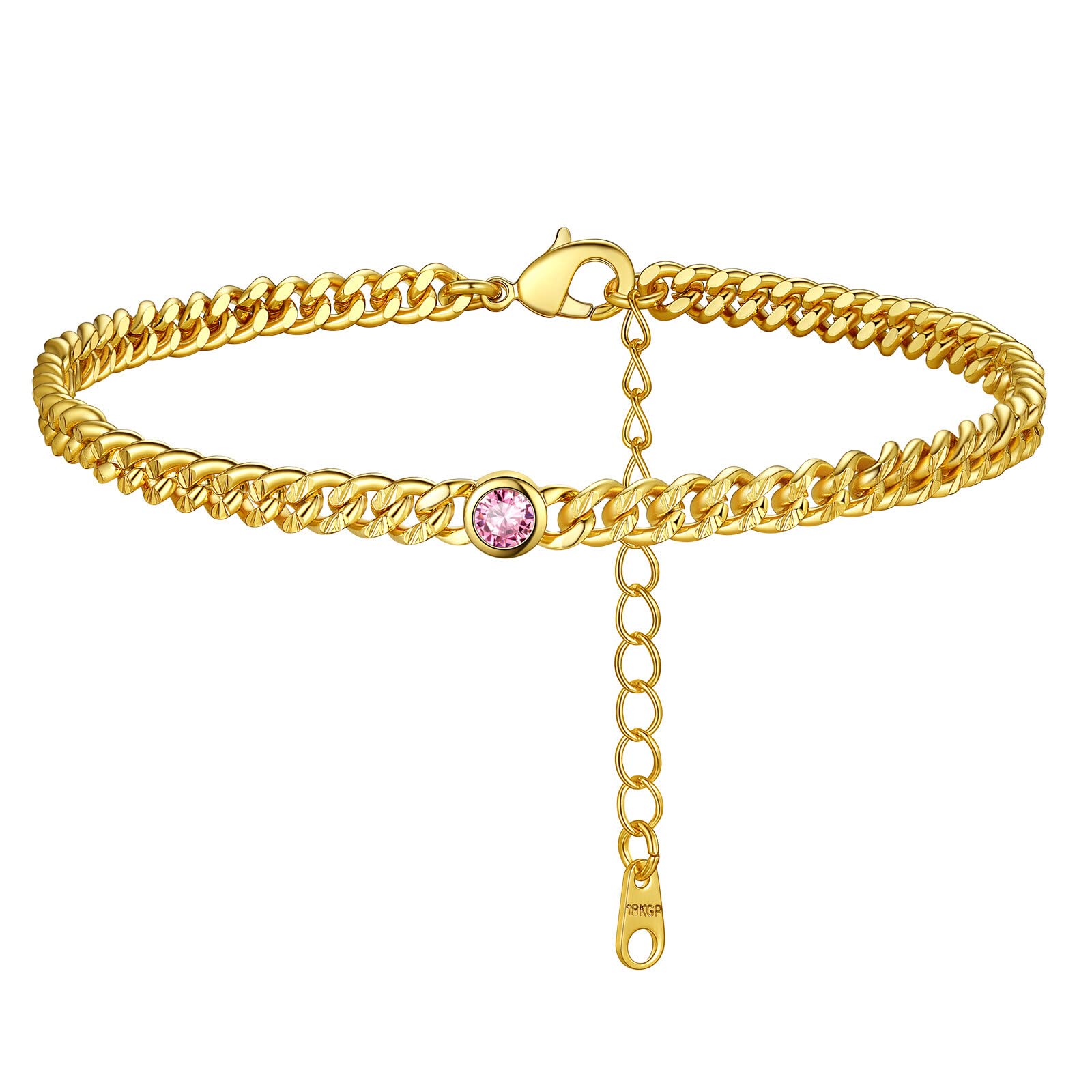 **14K Gold Plated Cuban Link Anklet for Women - Adjustable Ankle Bracelet with Birthstone Charm - Perfect for Beach, Vacation & Summer Jewelry**
