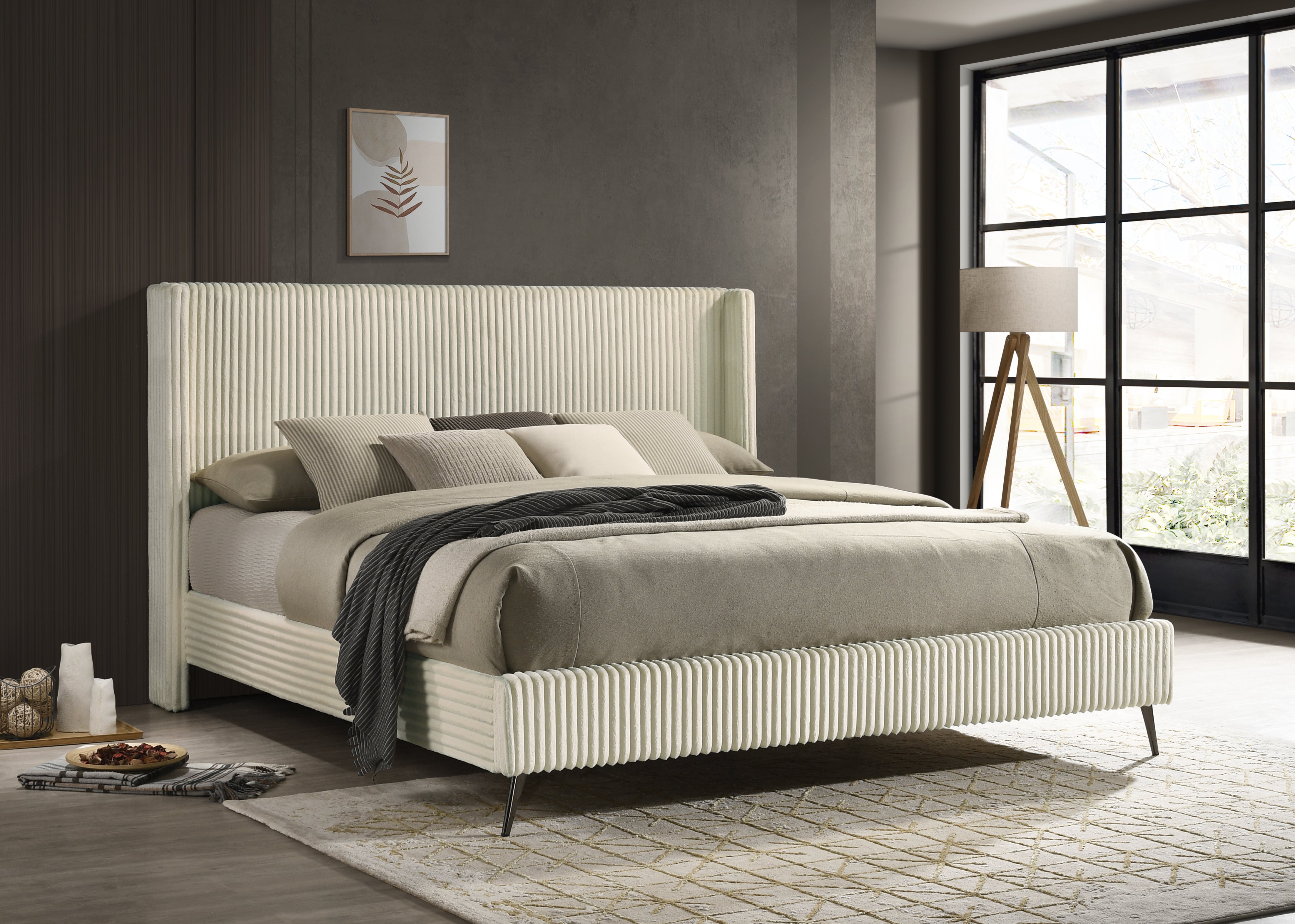 Roundhill Furniture Mavela Wide Wale Corduroy Upholstered Panel Bed in Cream - Queen Size Upholstered Bed Frame with Button Tufted Headboard for Cozy Bedroom Decor