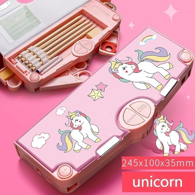 Unicorn Magnetic Pencil Box for Kids - Space Themed School Supplies Organizer with Buttons & Accessories - Perfect for Classroom, Homework & Travel Use
