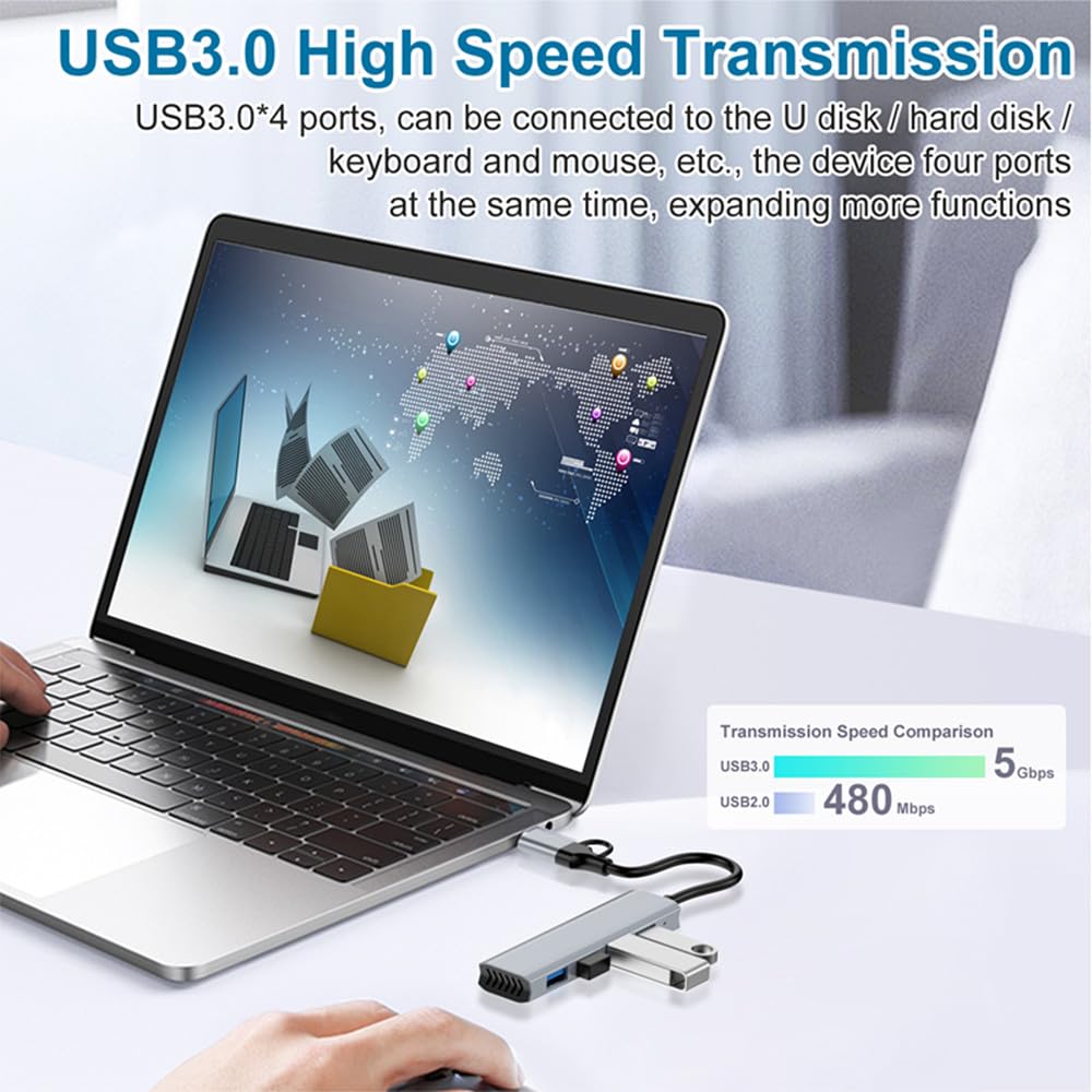 H.May 4-Port USB C Hub with USB 3.0 - 2-in-1 Type C & USB Splitter Adapter - High Speed Data Transfer - Compatible with MacBook Pro, iPad Pro, Dell, HP Laptops & Smartphones - Perfect for Home Office, Travel & Multi-Device Charging