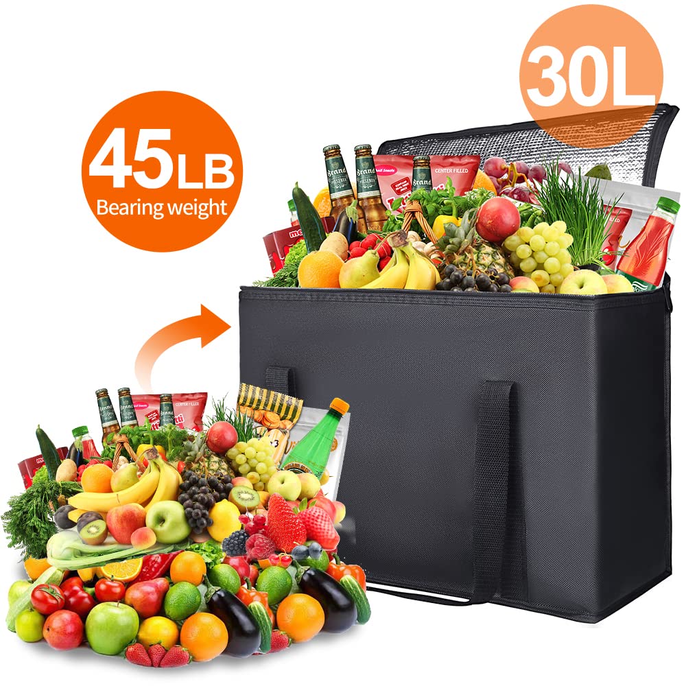 Bodaon 2-Pack Extra Large Insulated Reusable Grocery Bags with Zippered Top - Heavy Duty Freezer Bags for Frozen Foods, Picnics, Beach Trips & Cold Storage Shopping Accessories (Black)