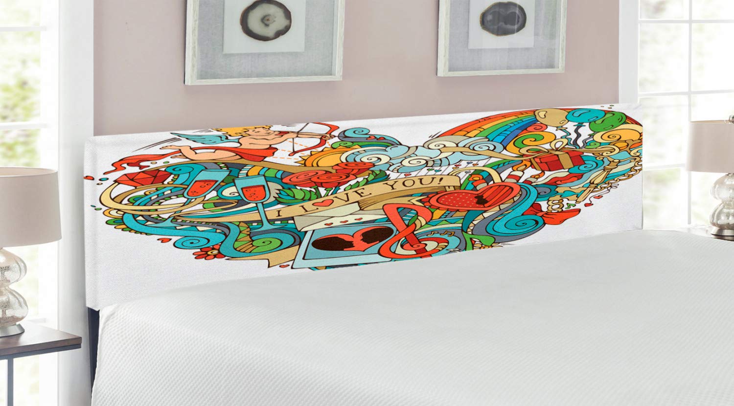 Ambesonne King Size Upholstered Metal Headboard with Memory Foam - Romantic 'I Love You' Design Featuring Eros Arrows, Music Notes, Gift Boxes & Balloons - Perfect for Master Bedroom Decor & Wedding Anniversary Gifts