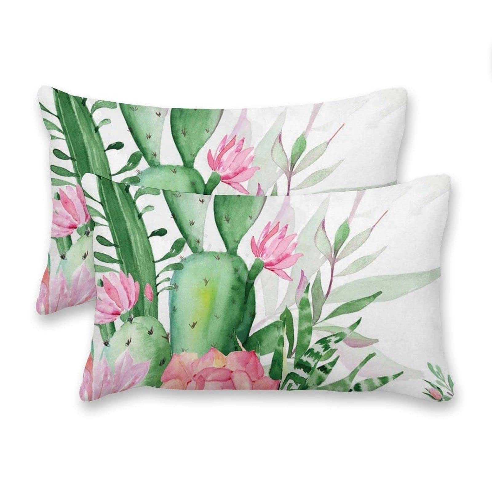 Decorative Lumbar Pillow Covers Set of 2 - Canvas Watercolor Cactus Floral Pattern Rectangular Throw Pillow Covers 12x20 Inches for Sofa, Couch, Bed & Living Room - Perfect for Home Decor, Accent Pillows & Cozy Interior Design