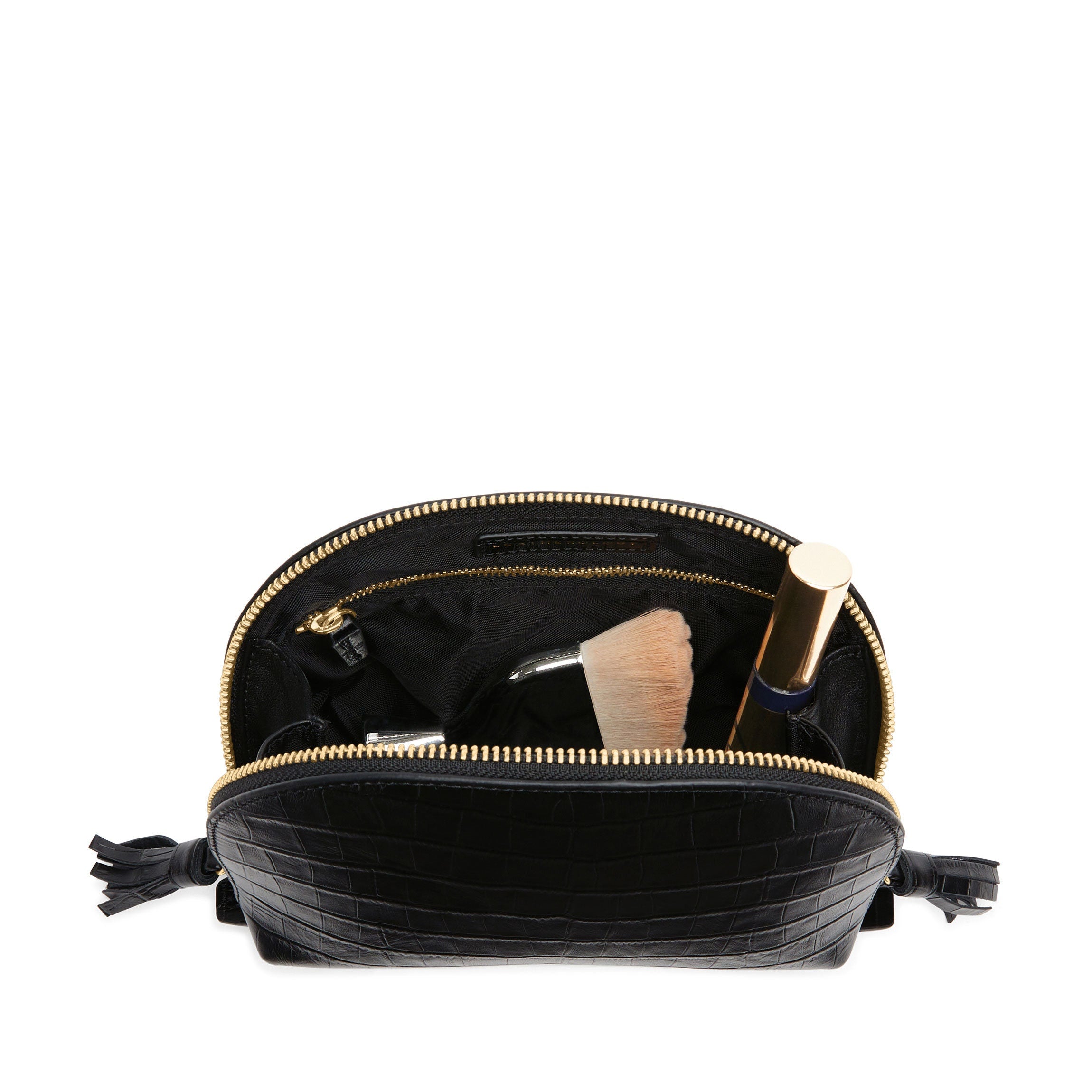 Medium Black Crocodile Print Clamshell Makeup Bag - Travel Cosmetic Organizer for Women, Perfect for Makeup Brushes & Toiletries