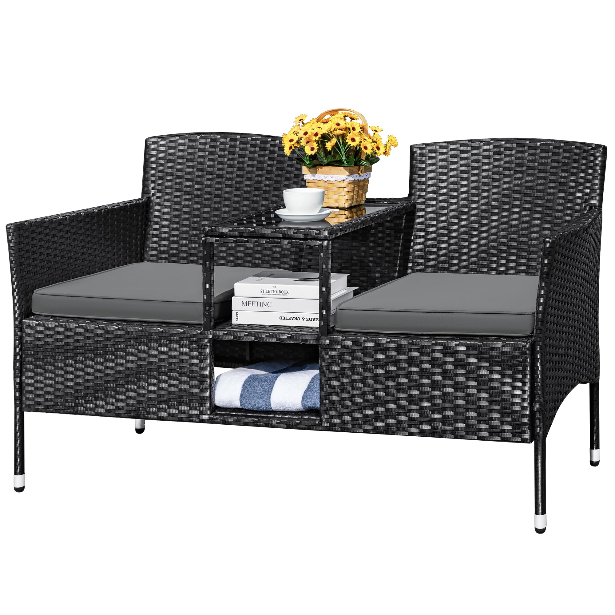 Modern Rattan 2-Seat Patio Loveseat with Cushions & Built-in Coffee Table - Outdoor Conversation Set for Garden, Lawn, Backyard, Porch - Weather-Resistant Grey Wicker Furniture for Relaxing & Entertaining