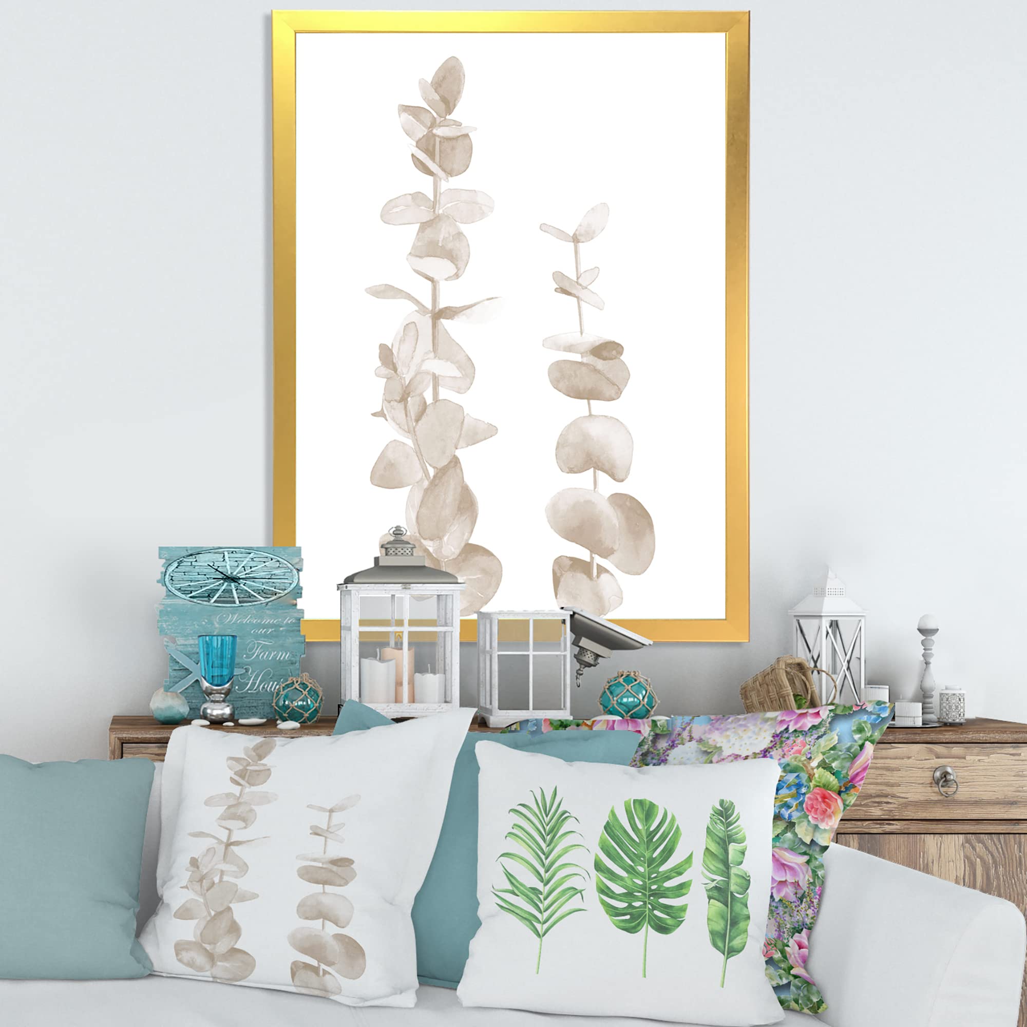 DesignQ Beige Eucalyptus Branches Framed Wall Art - Traditional White Background Home Decor for Living Room, Bedroom & Office