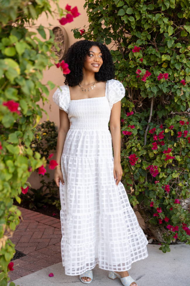 What A Feeling White Windowpane Maxi Dress for Women - Summer Boho Beach Dress, Elegant Flowy Long Dress for Vacation, Party & Wedding Guest