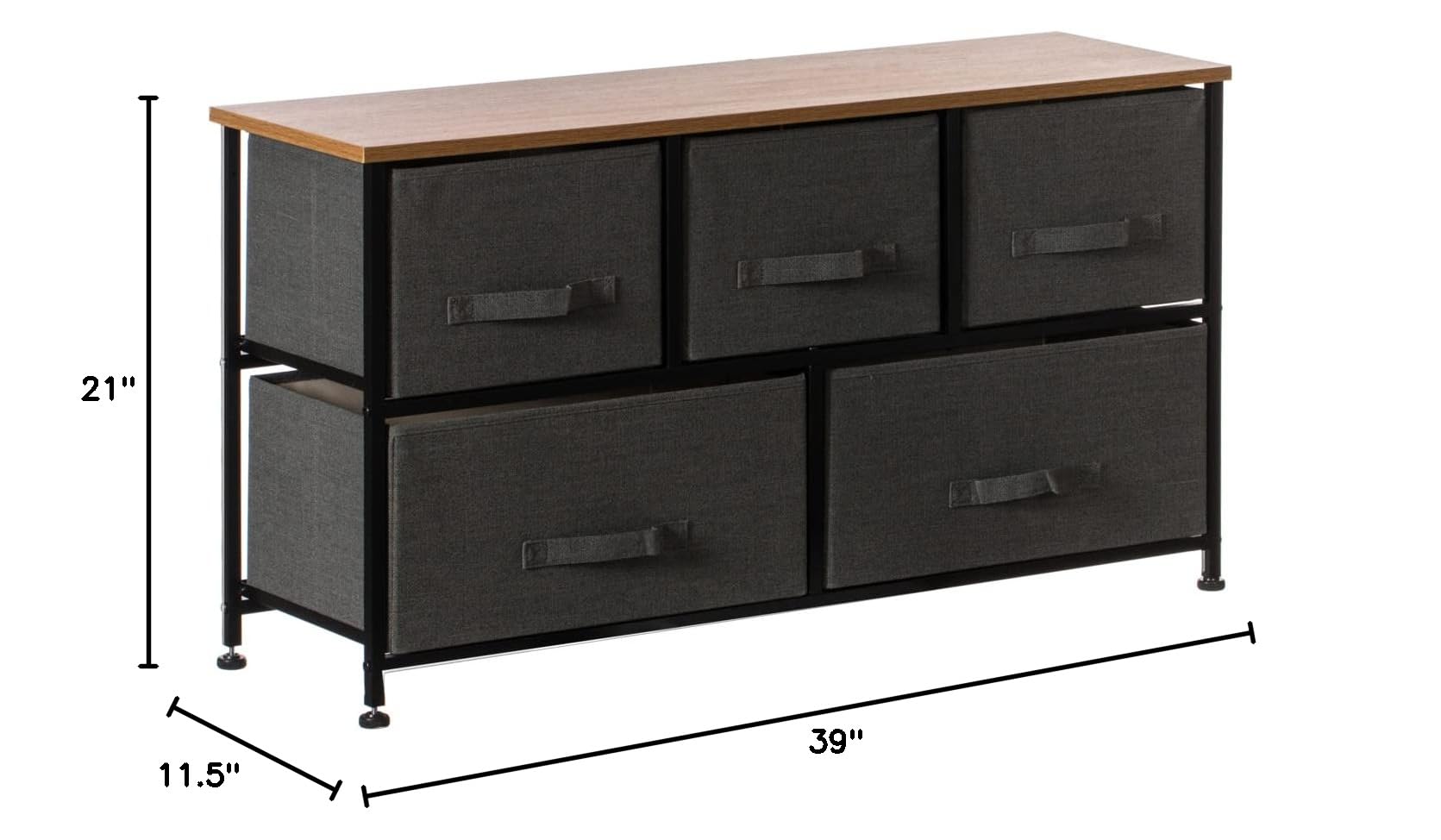 Basicwise Charcoal Gray 5-Drawer Fabric Storage Unit with Wooden Top - Organizer Tower for Bedroom, Closet & Office (2 Bin Sizes) - Perfect for Clothes, Toys & Home Organization
