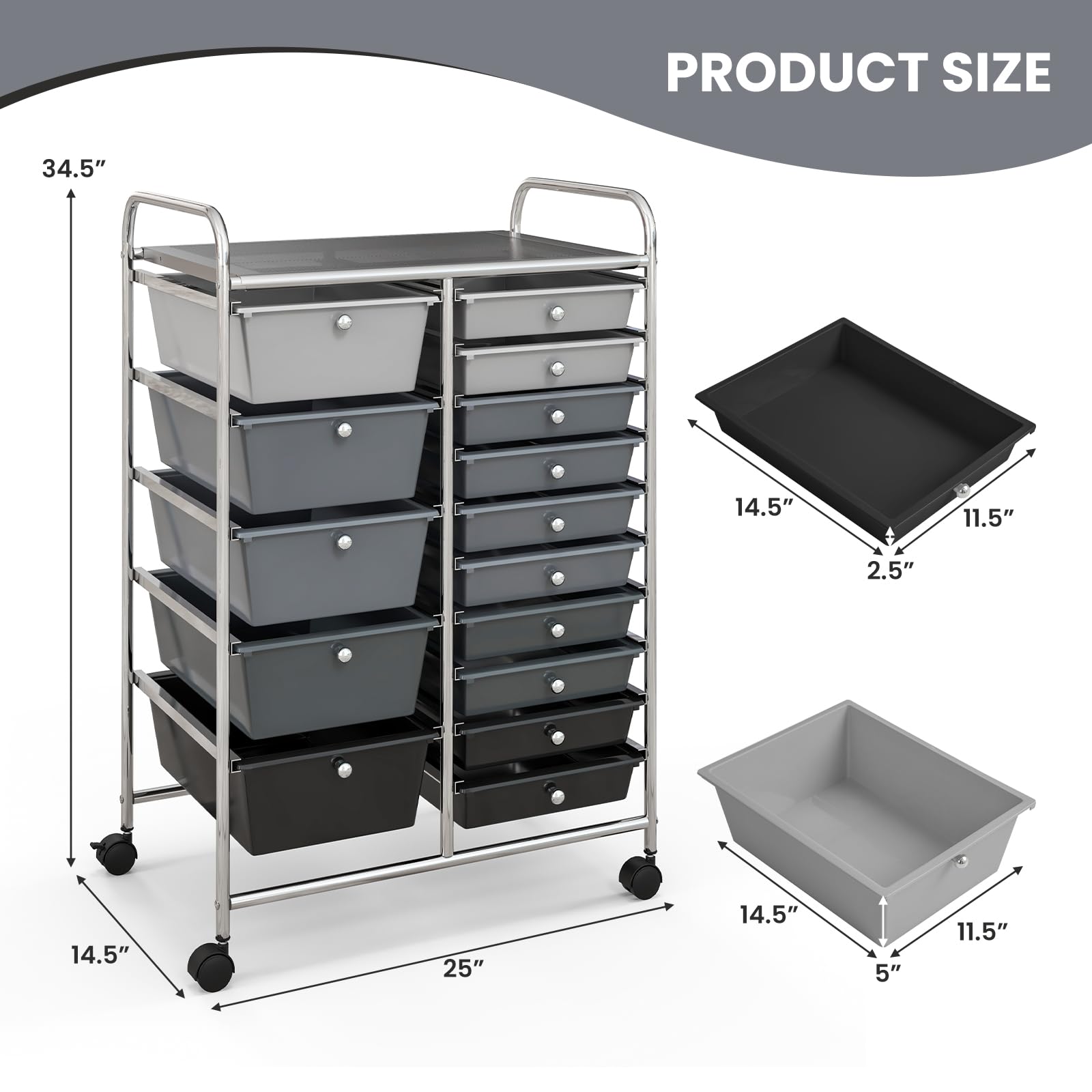 15-Drawer Rolling Storage Cart with Lockable Wheels - Mobile Utility Organizer for Crafts, Tools, Art Supplies - Multipurpose Rolling Cart for Home, Office & School - Ideal for Craft Rooms, Workshops & Classrooms (Mixed Black)
