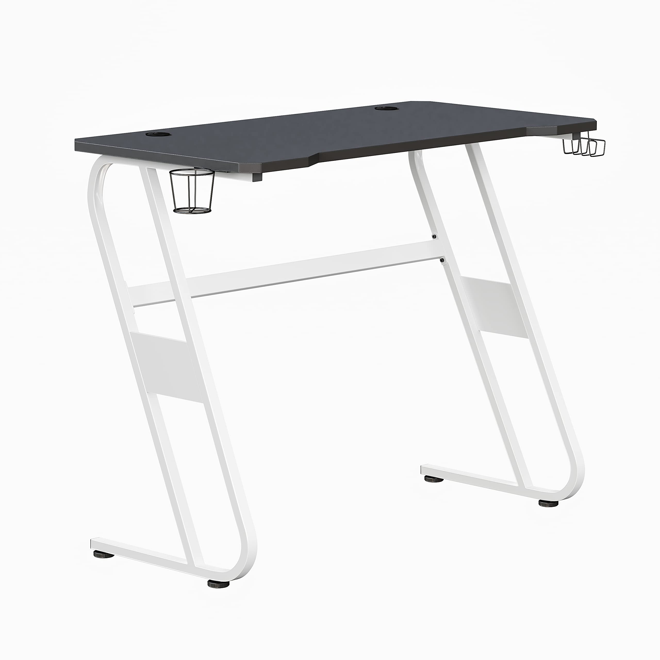 EMMA + OLIVER White Gaming Ergonomic Desk with Cup Holder & Headphone Hook - Perfect for PC Gaming Setup, Home Office & Streaming Station
