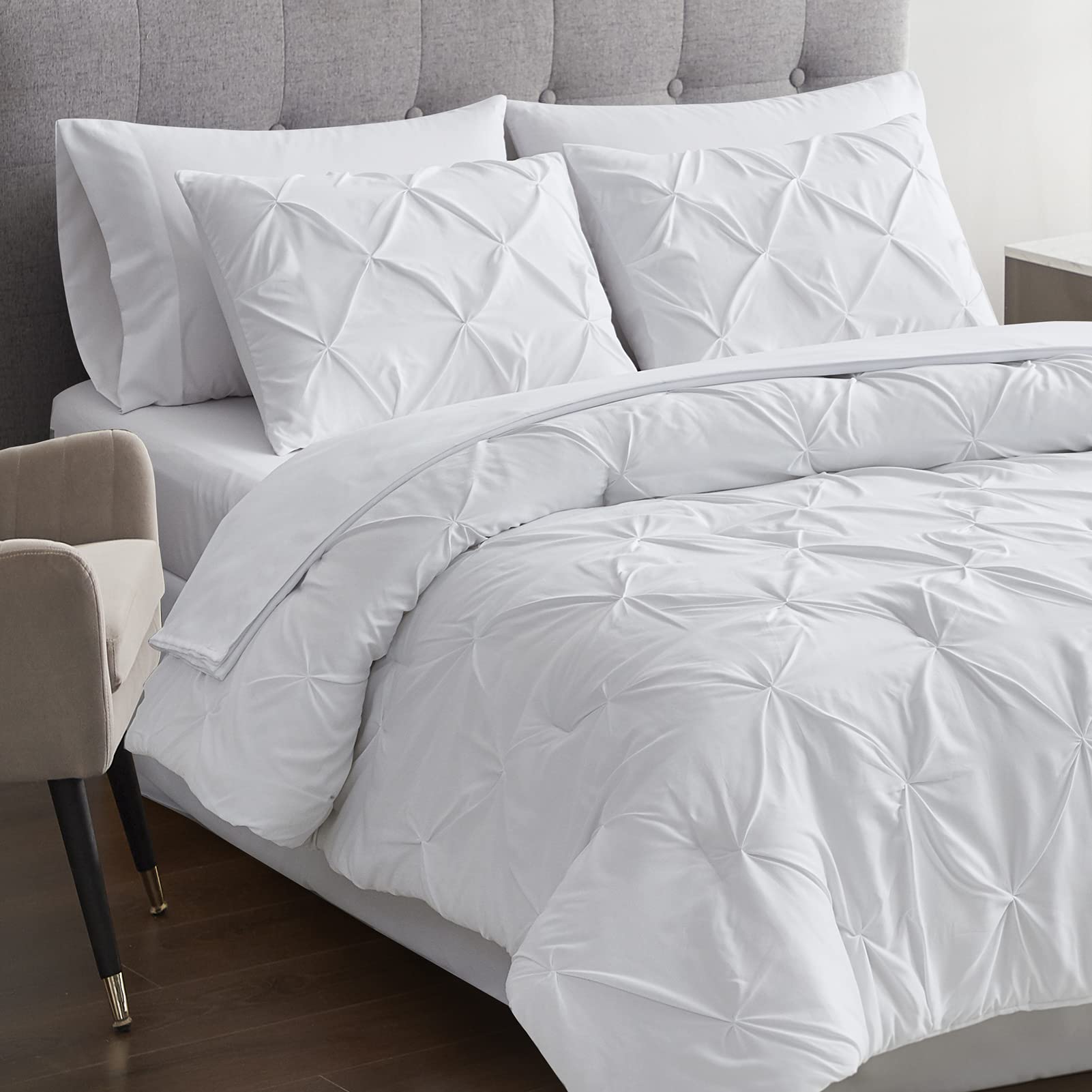 Maple & Stone 5-Piece Twin Comforter Set - Pinch Pleat Pintuck White Bedding with Comforter, Sheets, Pillowcases & Shams - Soft Luxury Bed in a Bag for Teens, Dorms & Guest Rooms